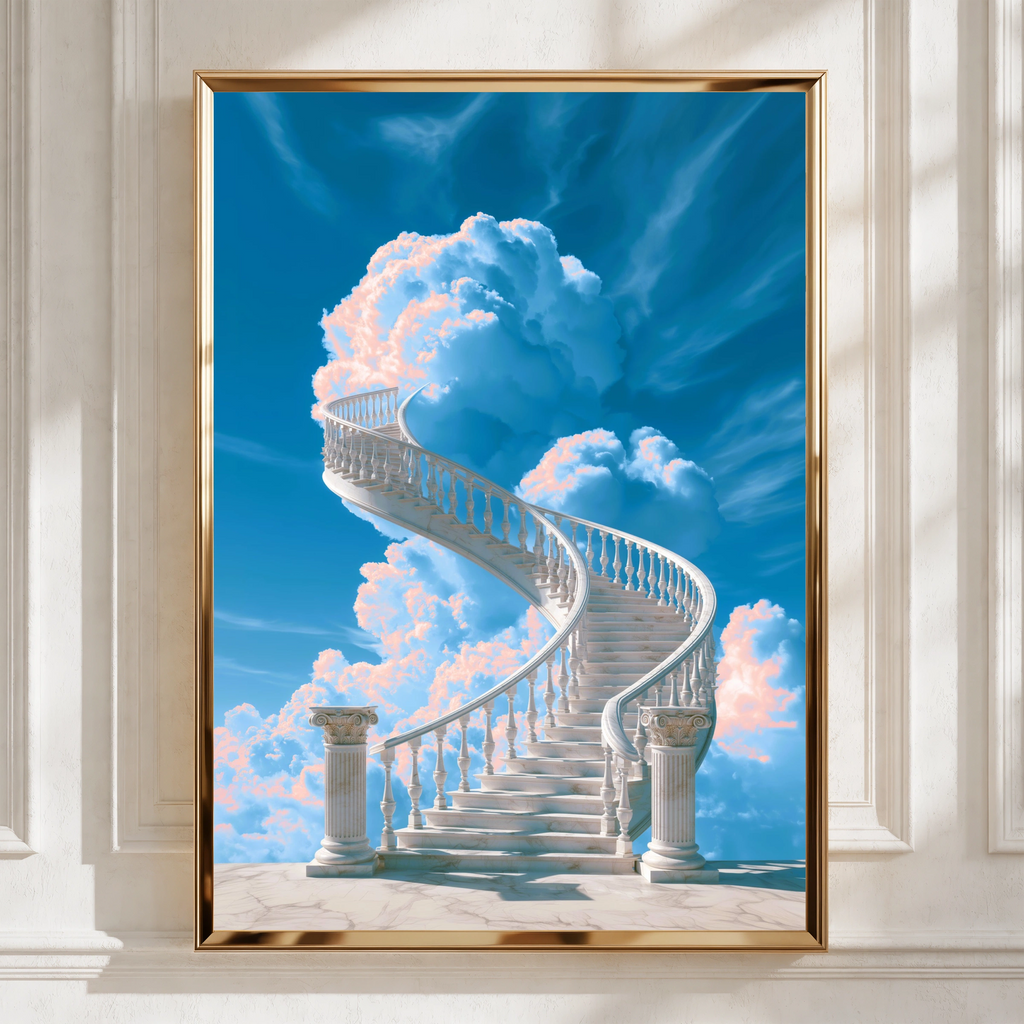 Stairway to Heaven Poster, Marble Spiral Staircase, Classical Columns, Sky Art Print