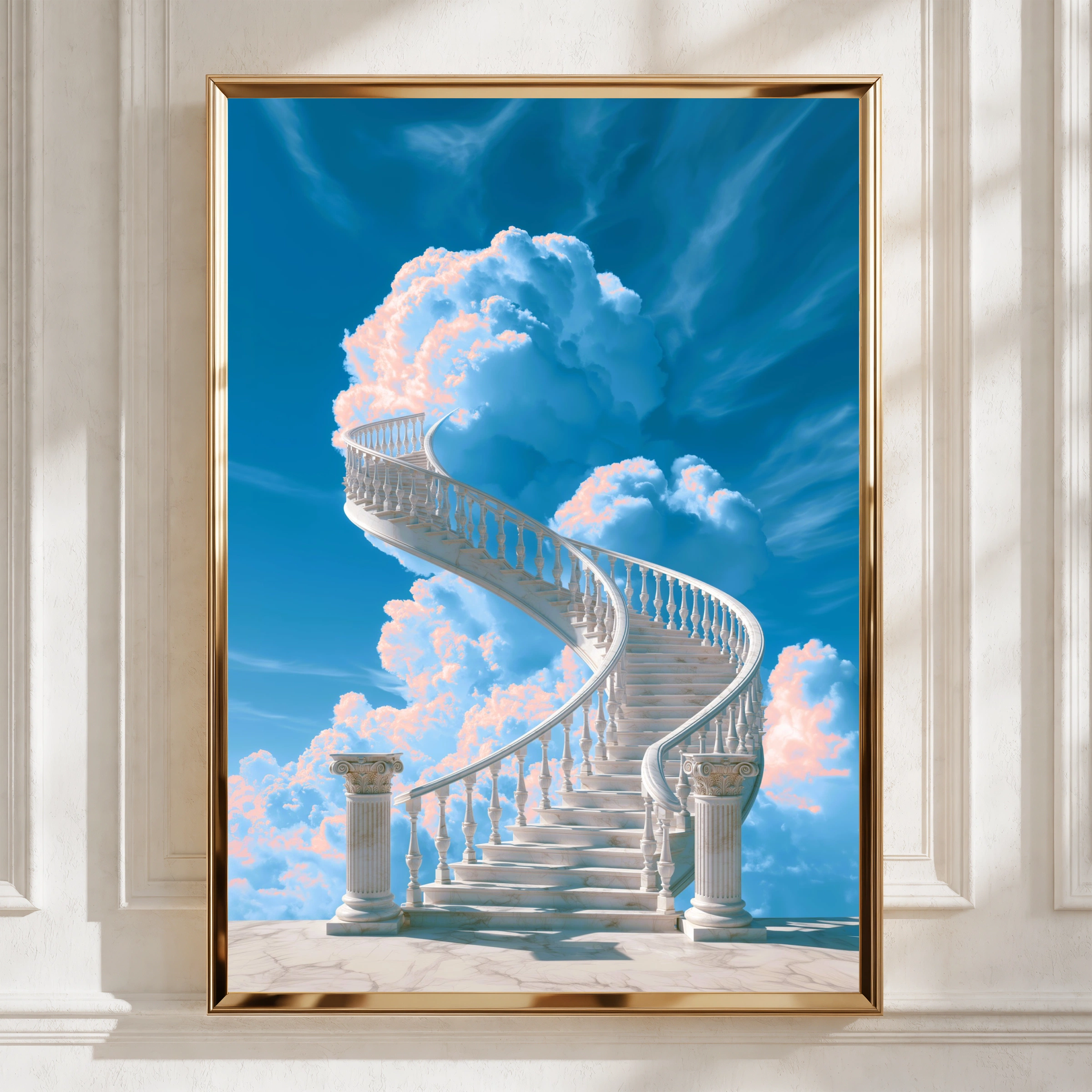 Stairway to Heaven Poster, Marble Spiral Staircase, Classical Columns, Sky Art Print