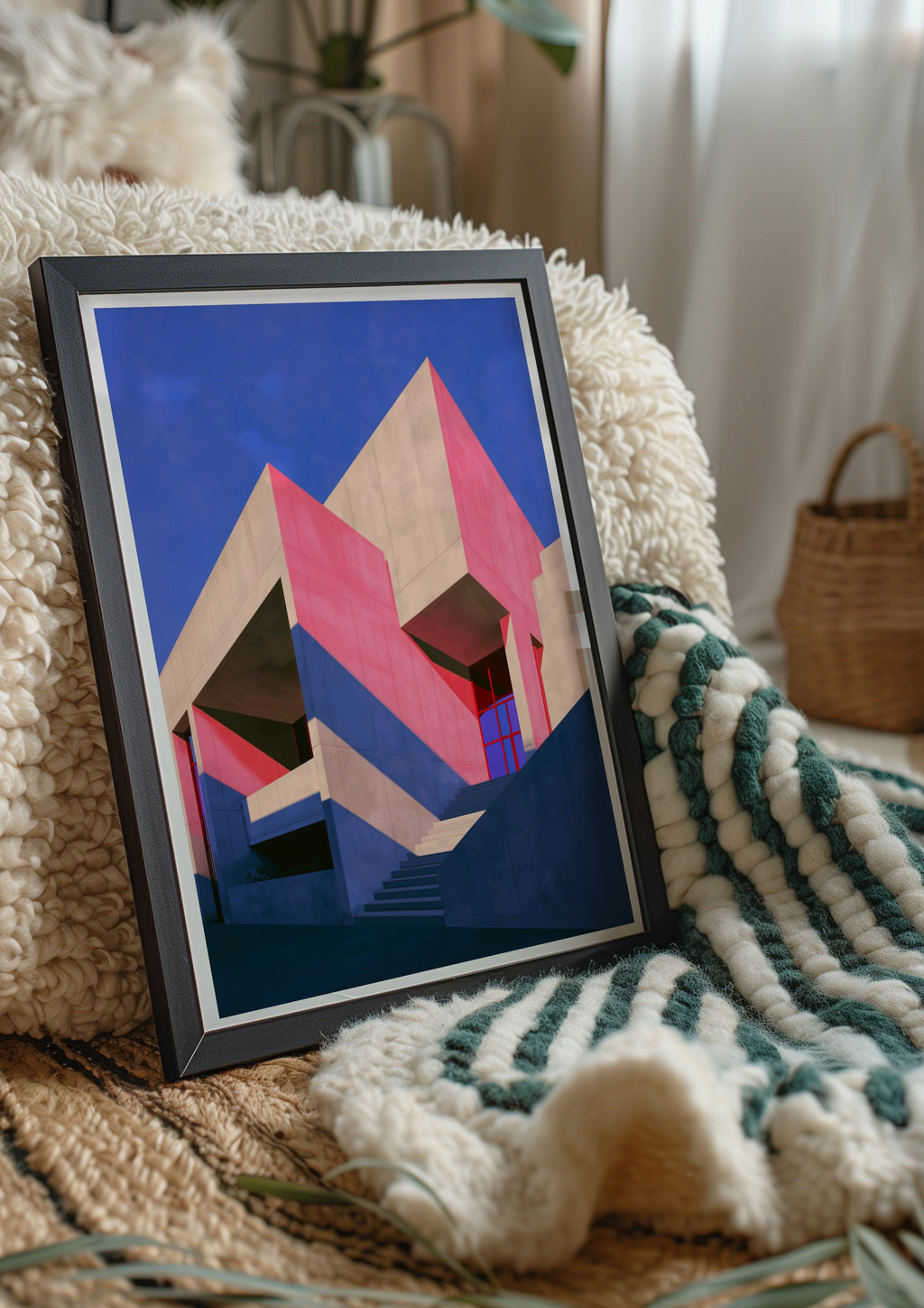 Brutalist Architecture Poster, Pink Purple Concrete Building, Bold Geometric Wall Art