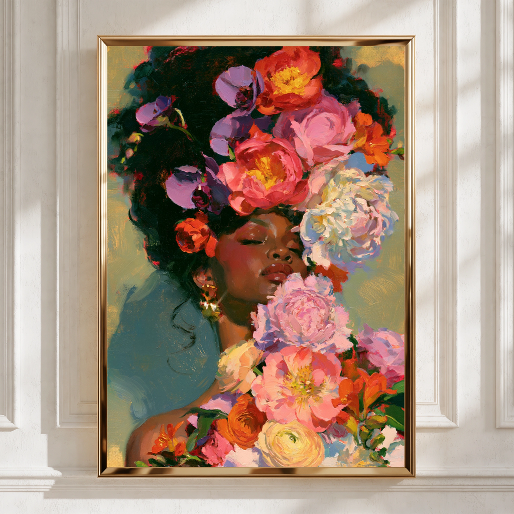 Woman with Flowers Wall Art Poster, Floral Portrait Print, Oil Painting Style