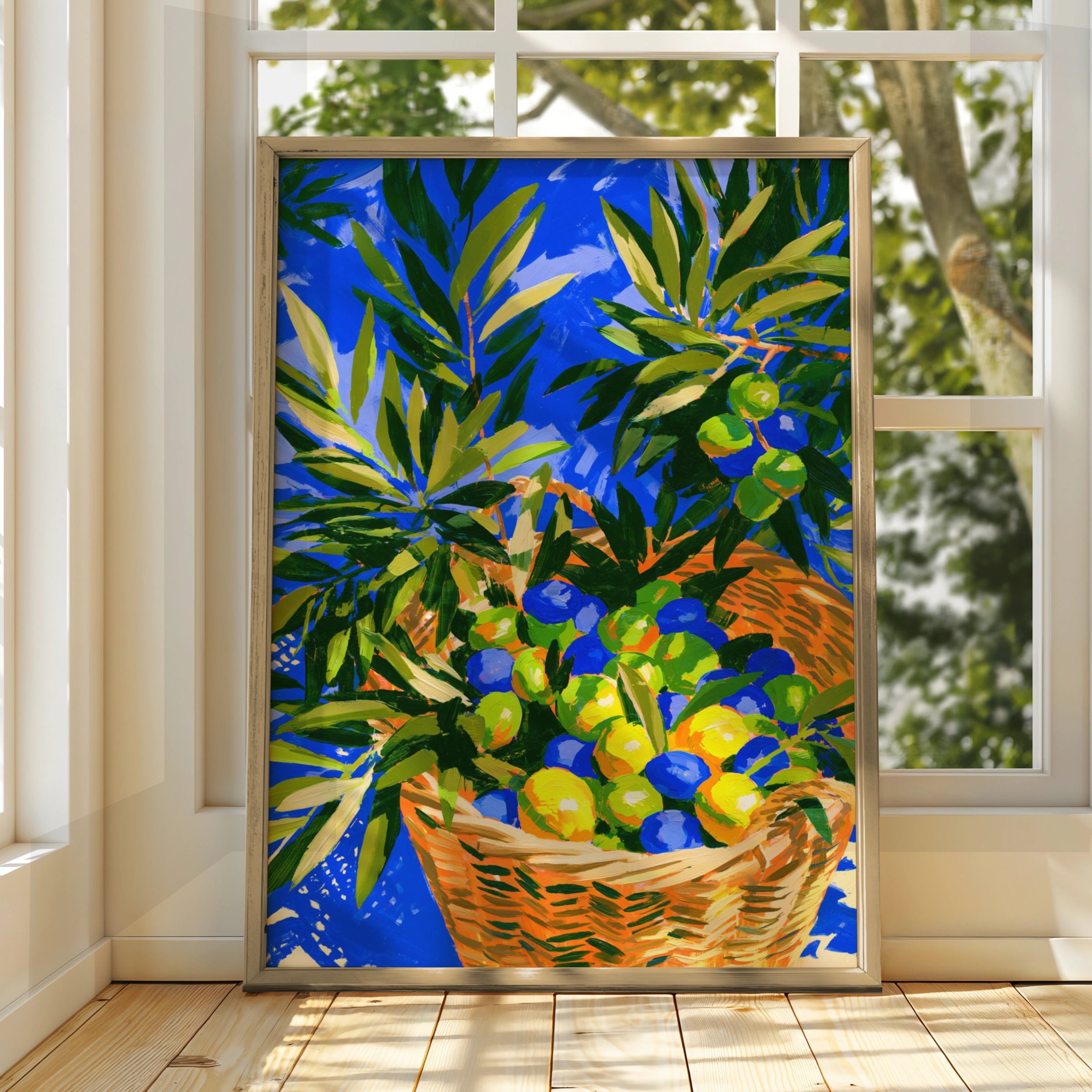 Olive Branch Basket Poster, Bold Blue Mediterranean Wall Art Print