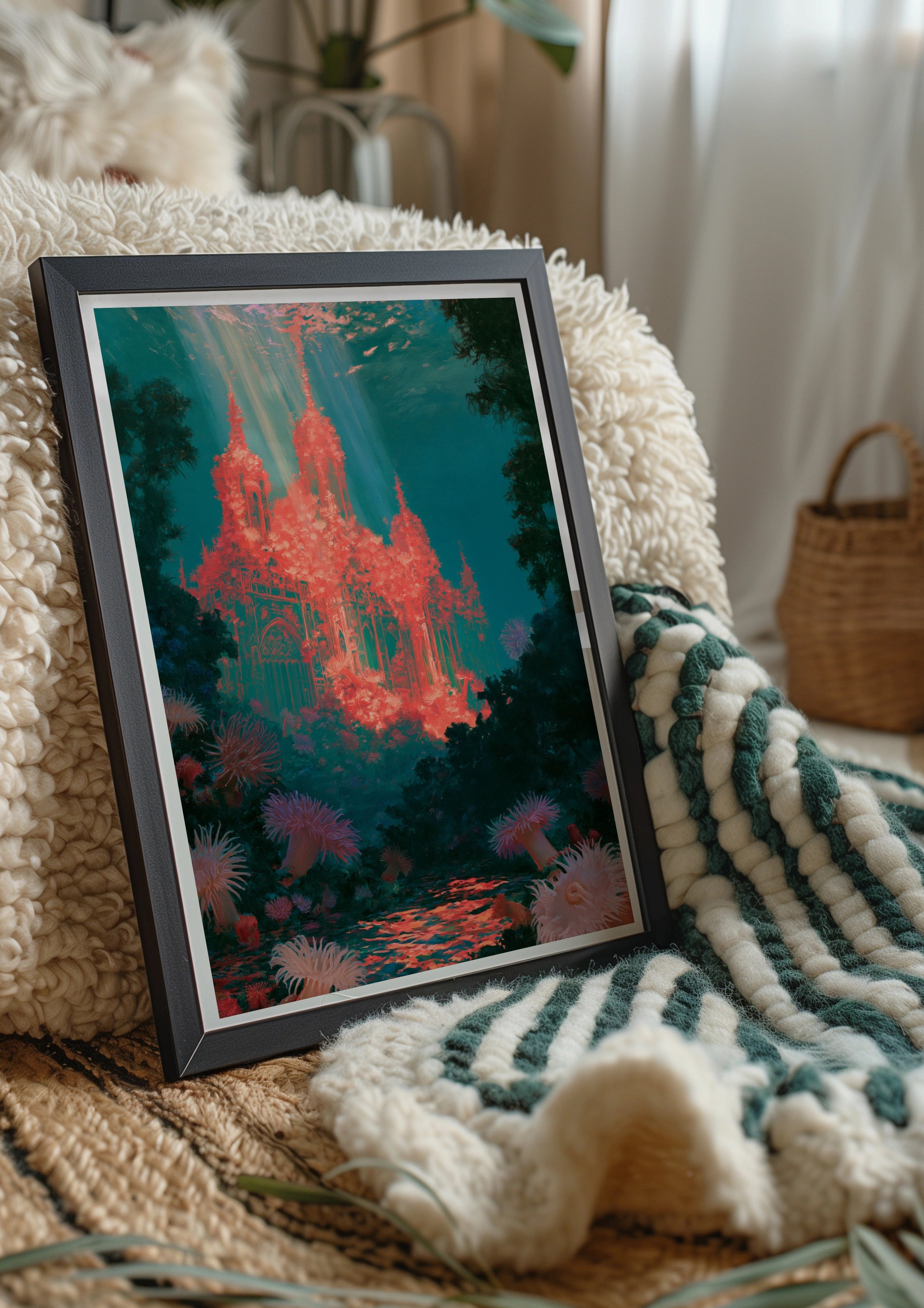 Underwater Coral City Cathedral Poster, Fantasy Ocean Wall Art, Teal Coral Print