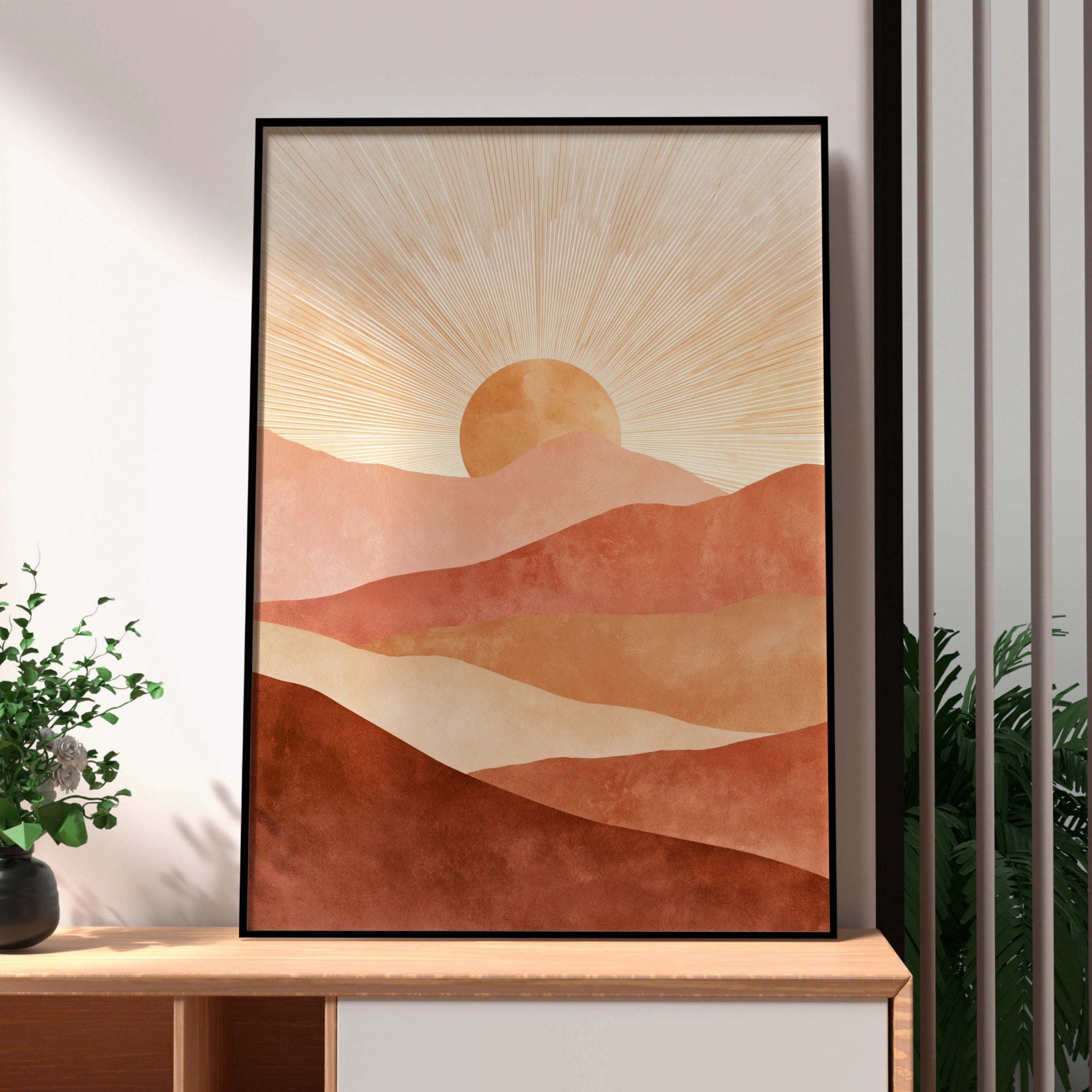 Boho Sun Mountain Poster, Terracotta Desert Landscape Print, Mid Century Wall Art