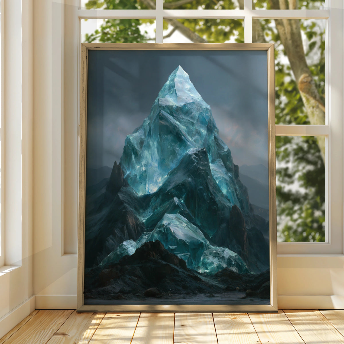 Crystal Mountain Poster, Glass Peak Fantasy Art, Teal Blue Wall Art Print