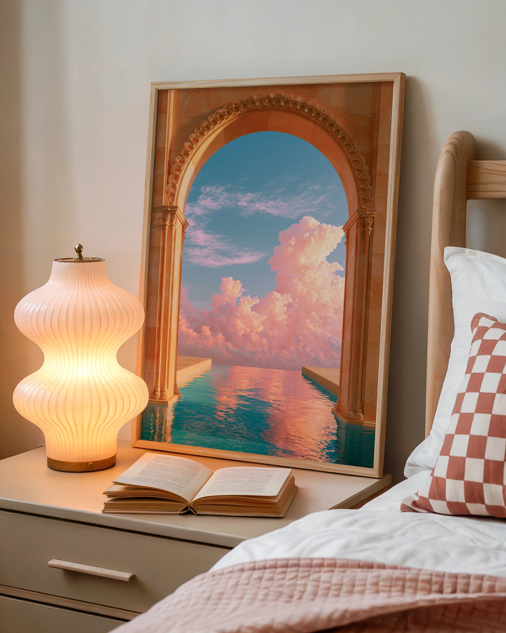 Arch Pool Dreamy Sky Poster, Surreal Architecture Print, Pastel Cloud Wall Art