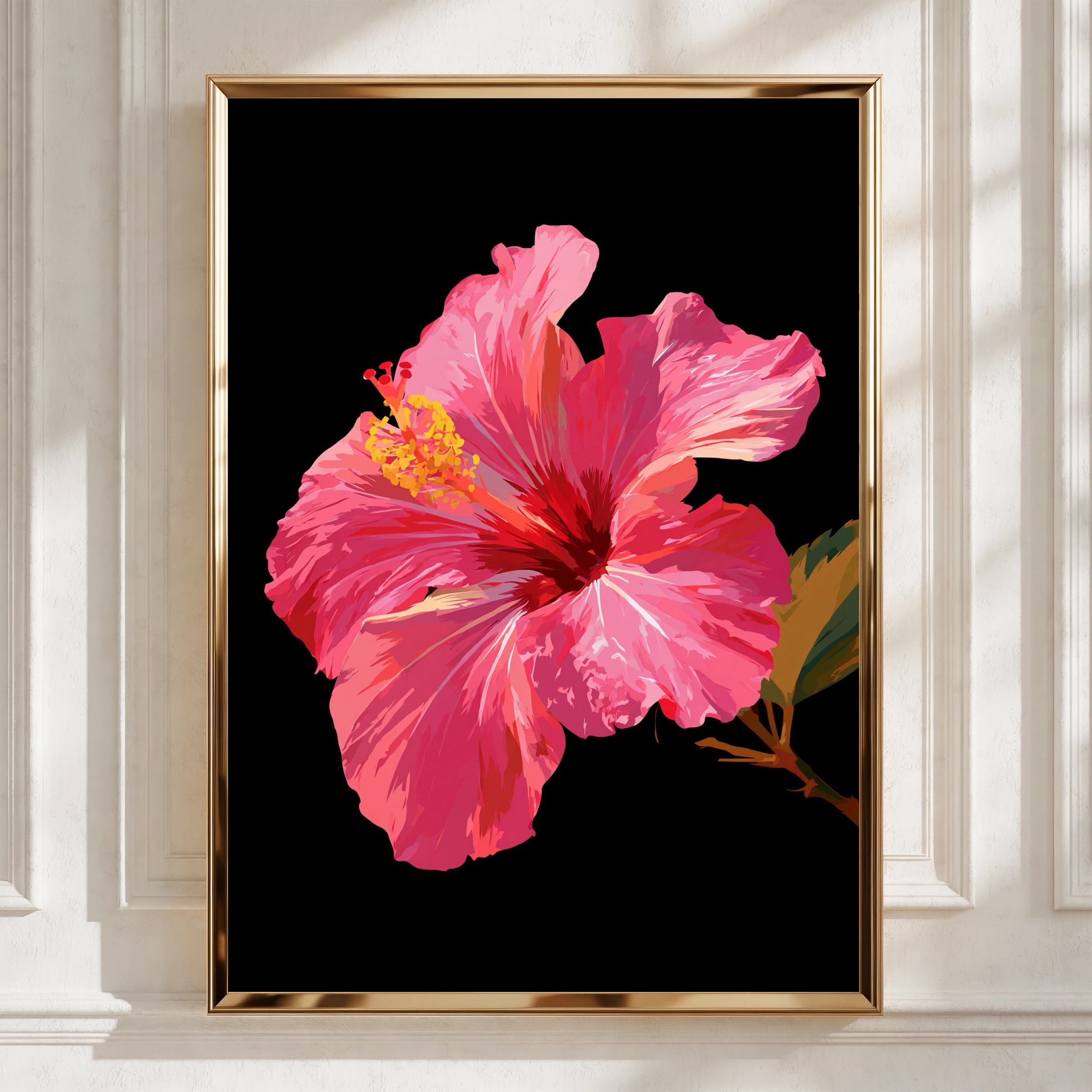 Pink Hibiscus Flower Poster, Tropical Botanical Wall Art, Dark Background Print