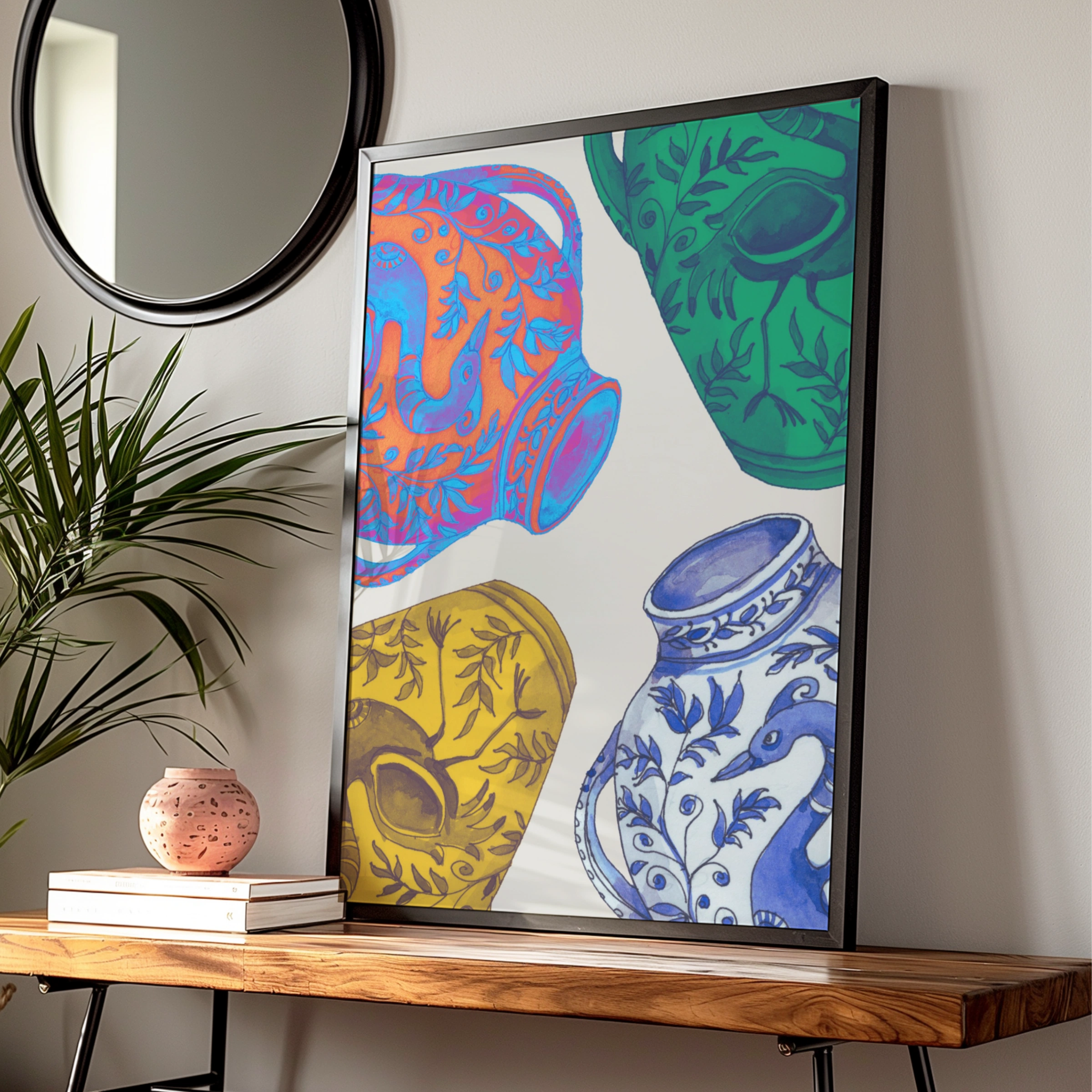 Blue Ceramic Vase Pattern Poster, Colourful Folk Art Print, Botanical Wall Art