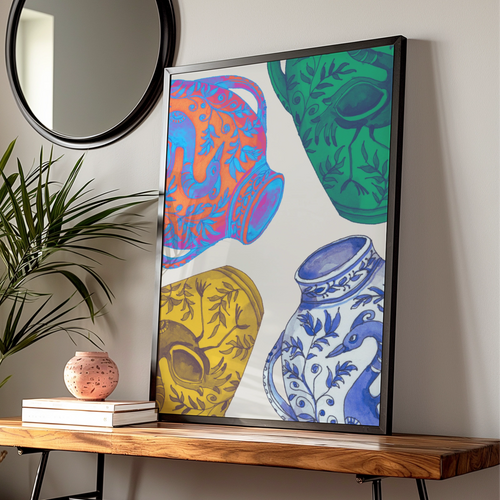 Blue Ceramic Vase Pattern Poster, Colourful Folk Art Print, Botanical Wall Art