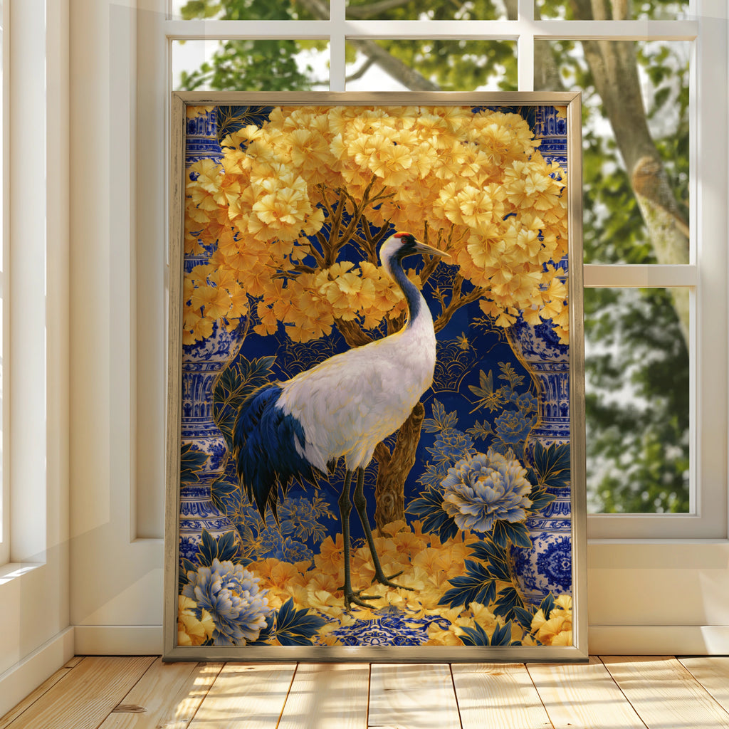 Chinoiserie Crane Gold Poster, Blue Navy Floral Wall Art, Oriental Bird Print
