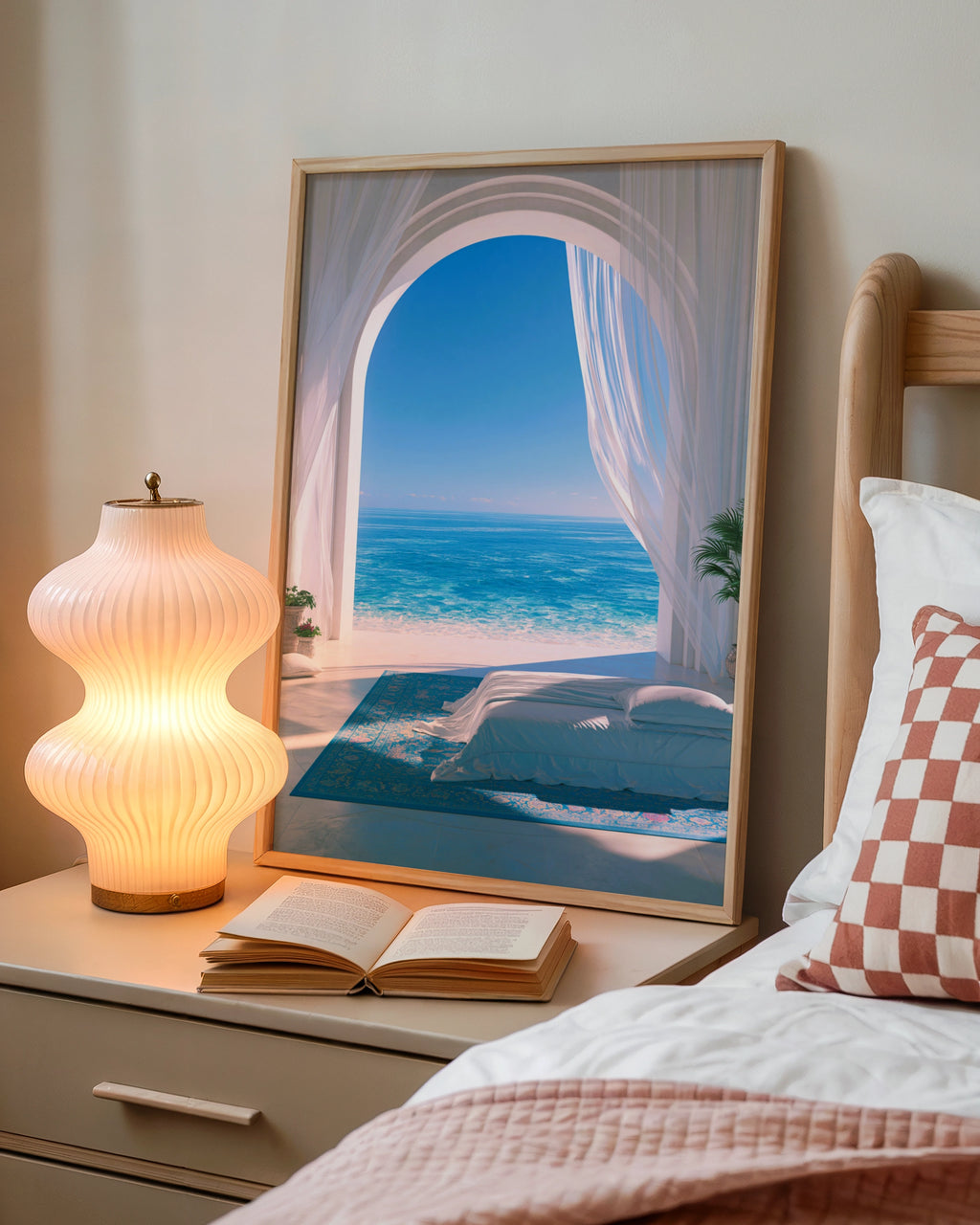 Sea View Bedroom Arch Curtain Poster, Mediterranean Ocean Wall Art Print