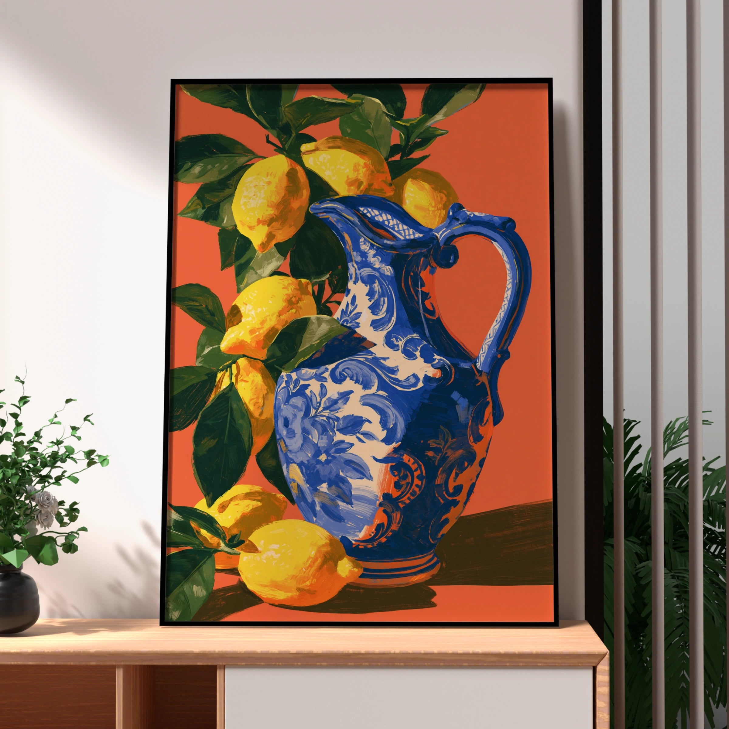 Porcelain Jug Lemons Wall Art Poster, Mediterranean Still Life Print, Orange