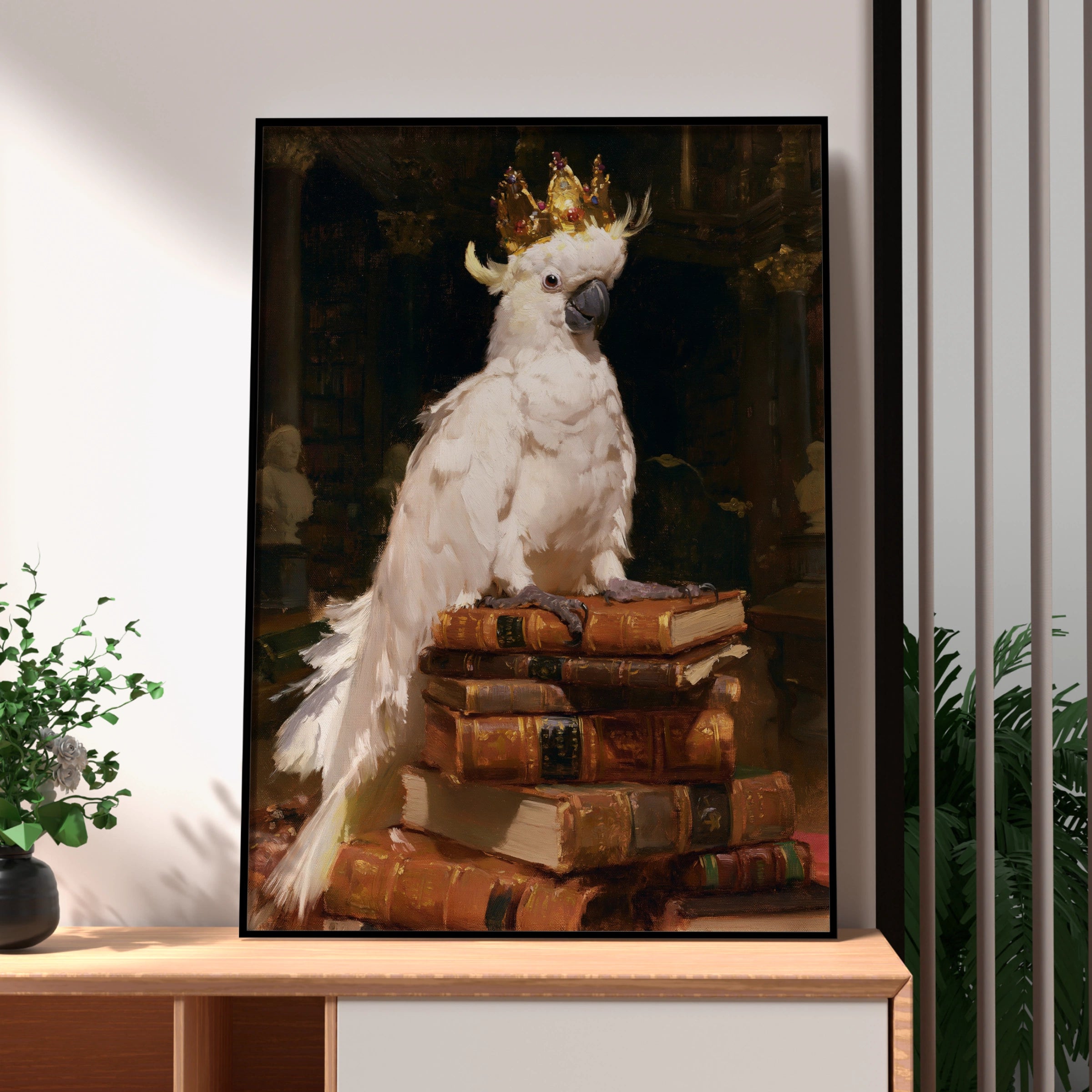 Crowned Cockatoo on Books Poster, Royal Bird Library Wall Art Print