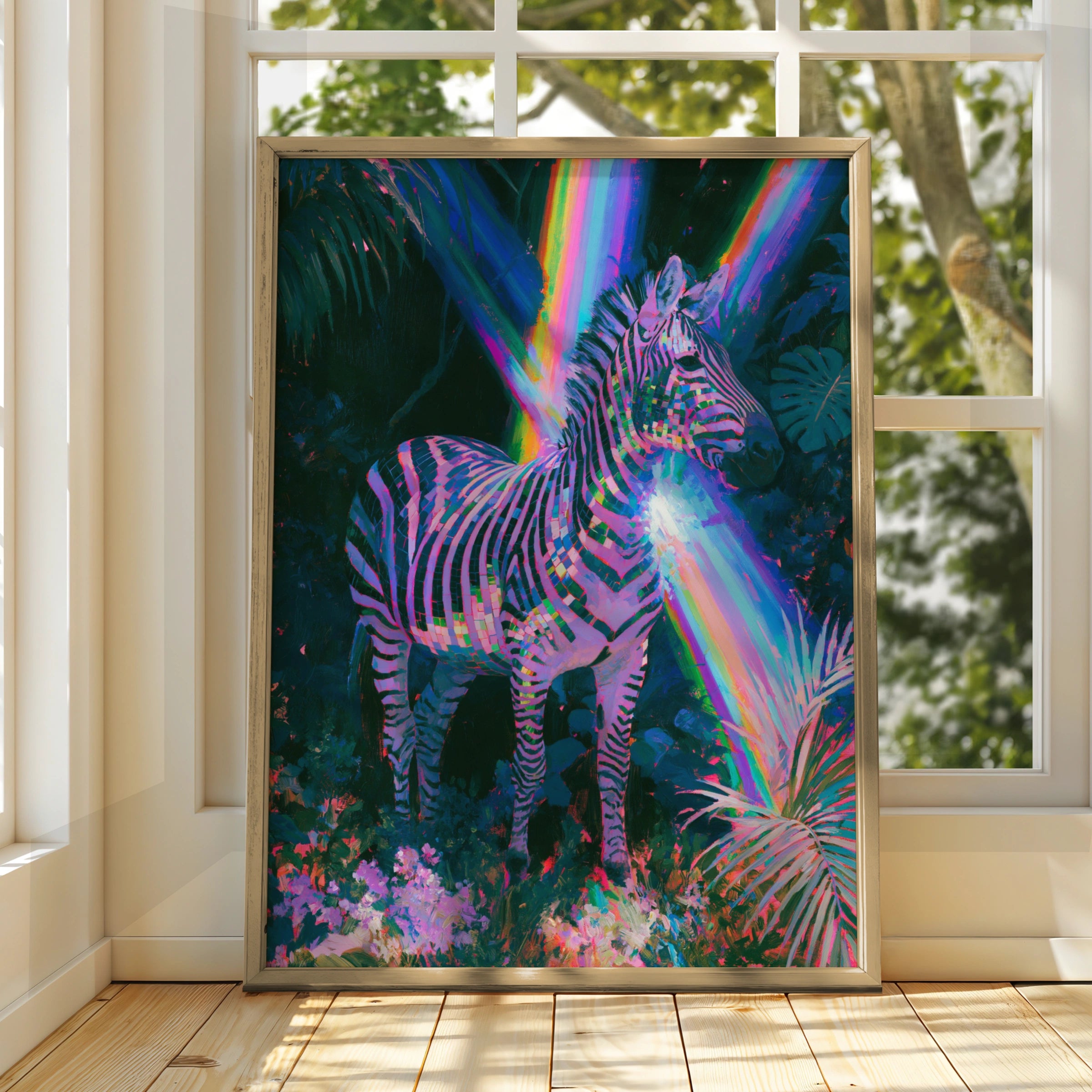 Rainbow Zebra Poster, Colourful Jungle Animal Wall Art, Psychedelic Print