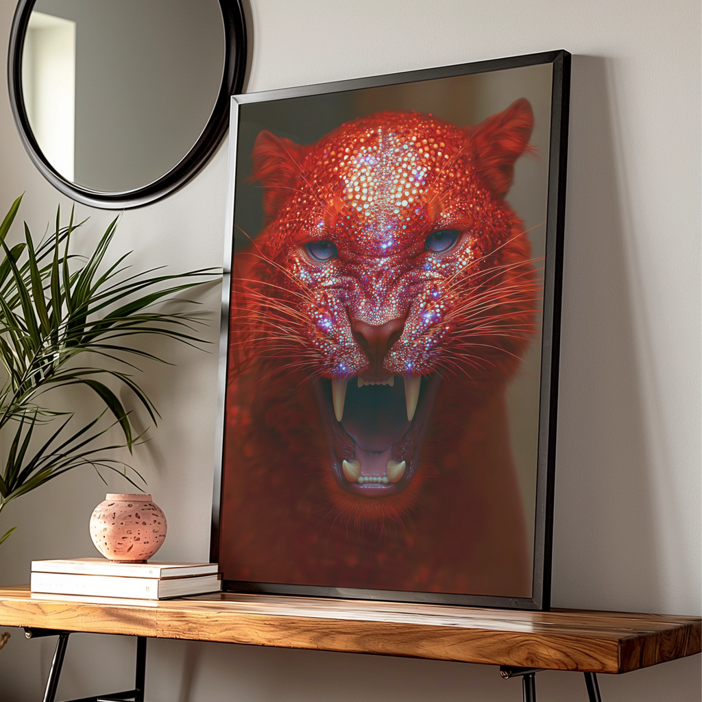 Red Glitter Tiger Roaring Poster, Crystal Big Cat Wall Art, Bold Modern Print