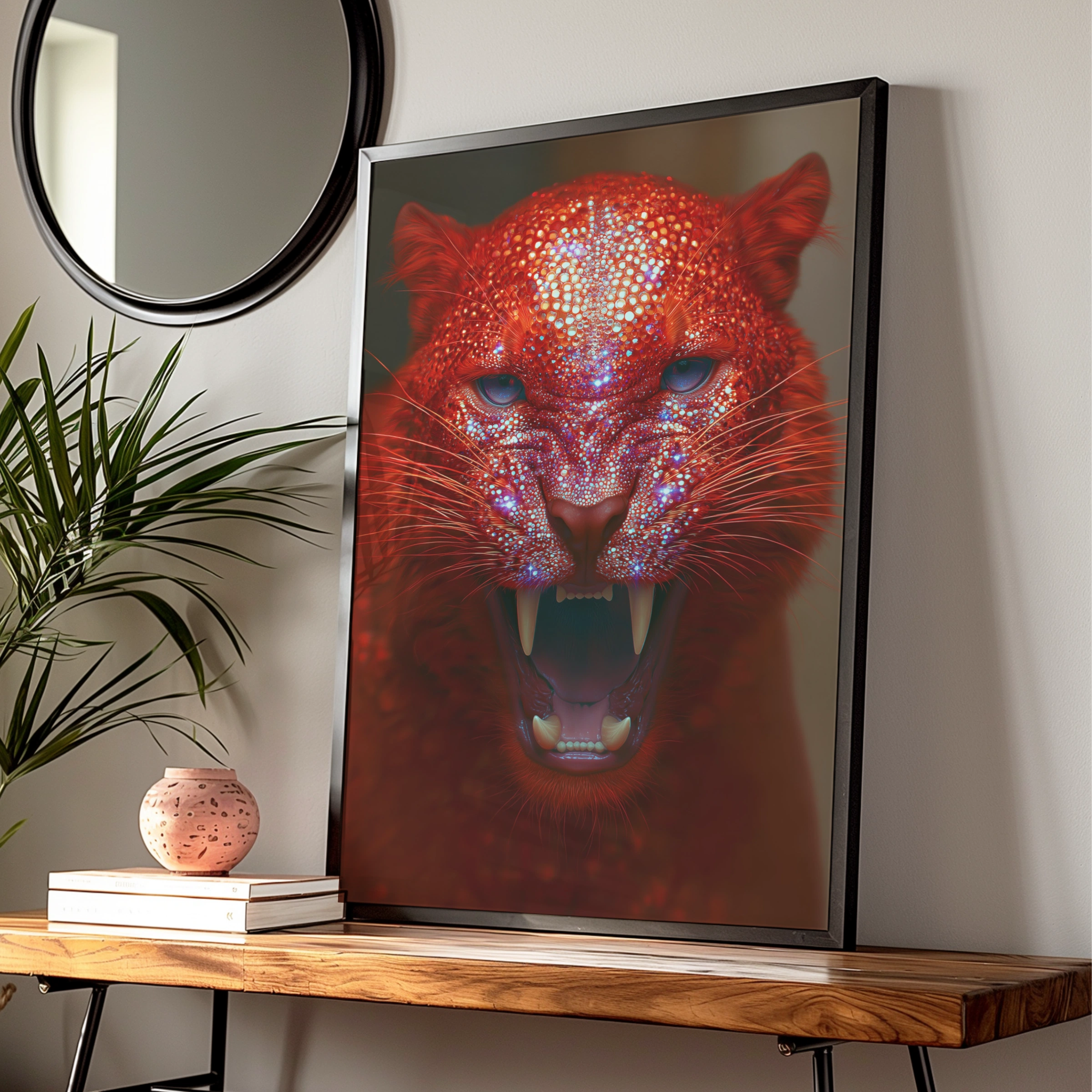Red Glitter Tiger Roaring Poster, Crystal Big Cat Wall Art, Bold Modern Print
