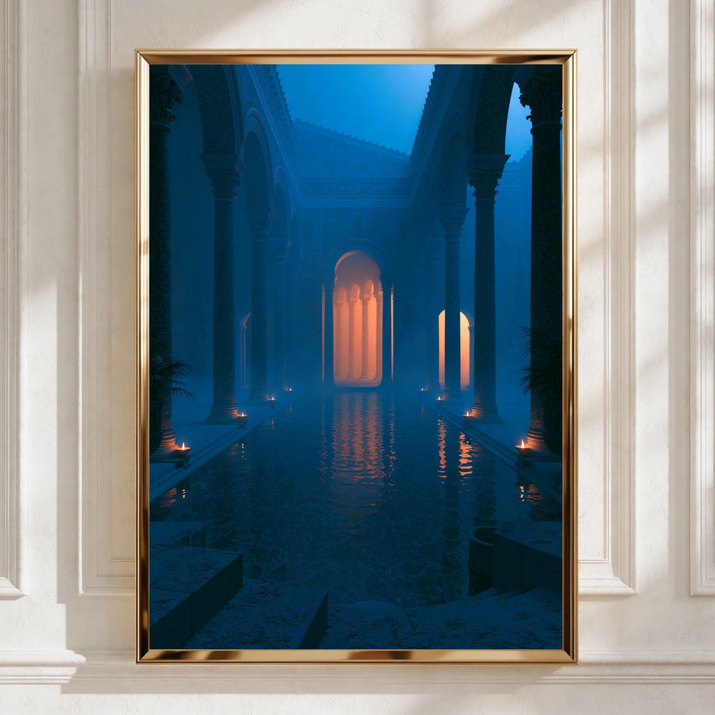 Roman Frigidarium Bath, Candlelit Architecture Poster, Dark Blue Atmospheric Art