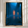 Roman Frigidarium Bath, Candlelit Architecture Poster, Dark Blue Atmospheric Art