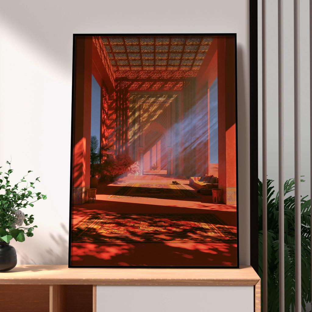Middle Eastern Hall Poster, Moroccan Architecture Art Print, Warm Red Tones