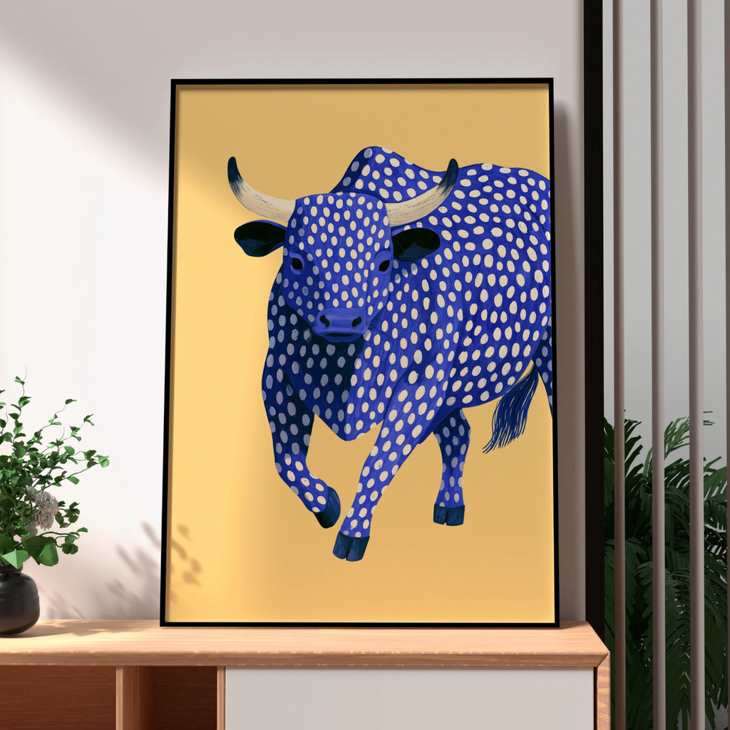 Blue Polka Dot Bull Poster, Bold Animal Wall Art, Quirky Modern Print