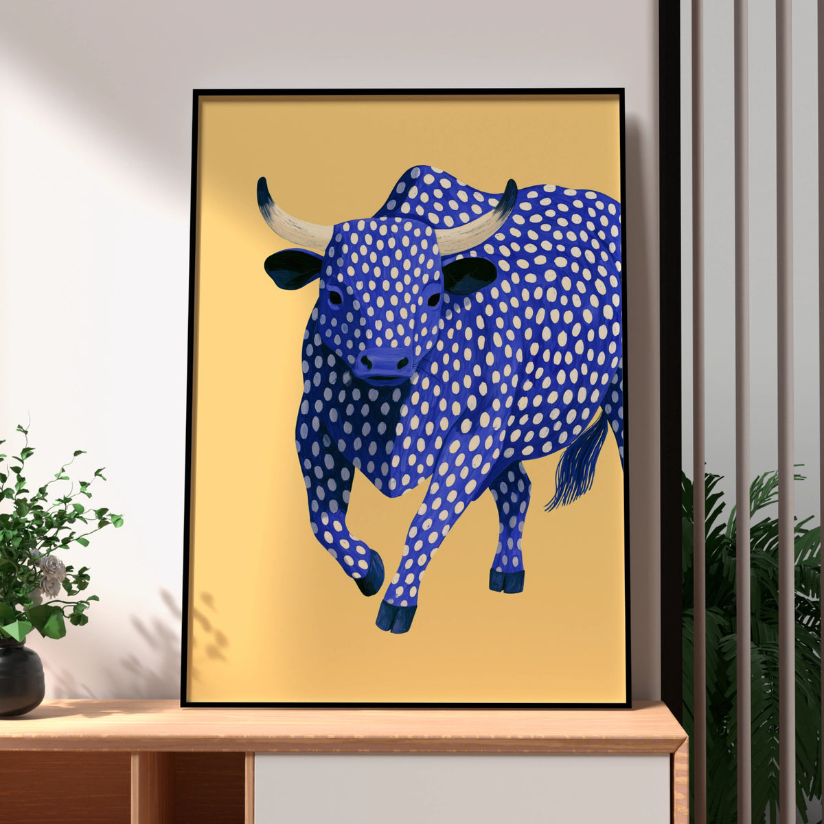 Blue Polka Dot Bull Poster, Bold Animal Wall Art, Quirky Modern Print
