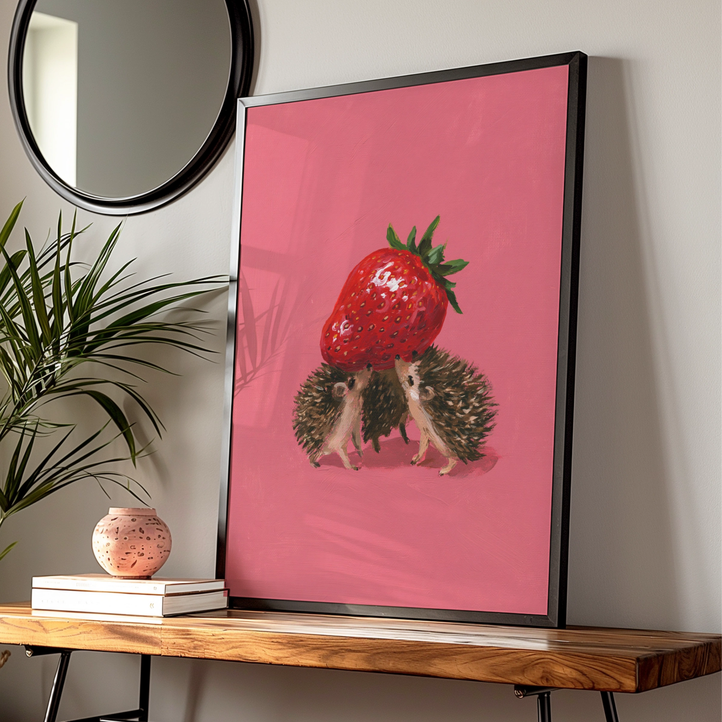 Hedgehogs Carrying Strawberry Poster, Cute Animal Wall Art, Pink Illustrated Print