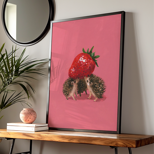 Hedgehogs Carrying Strawberry Poster, Cute Animal Wall Art, Pink Illustrated Print