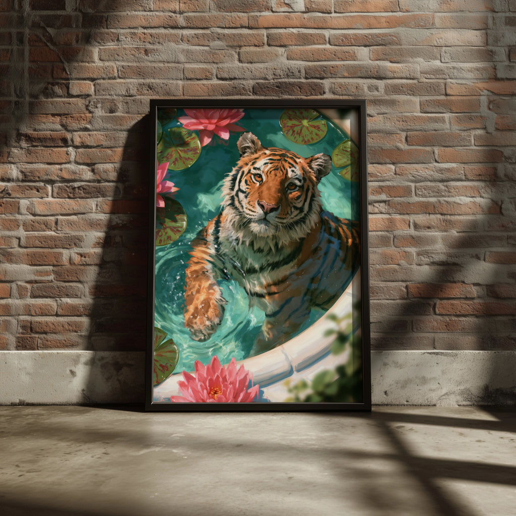 Tiger in Bath with Lotus Flowers Poster, Wild Cat Water Art Print