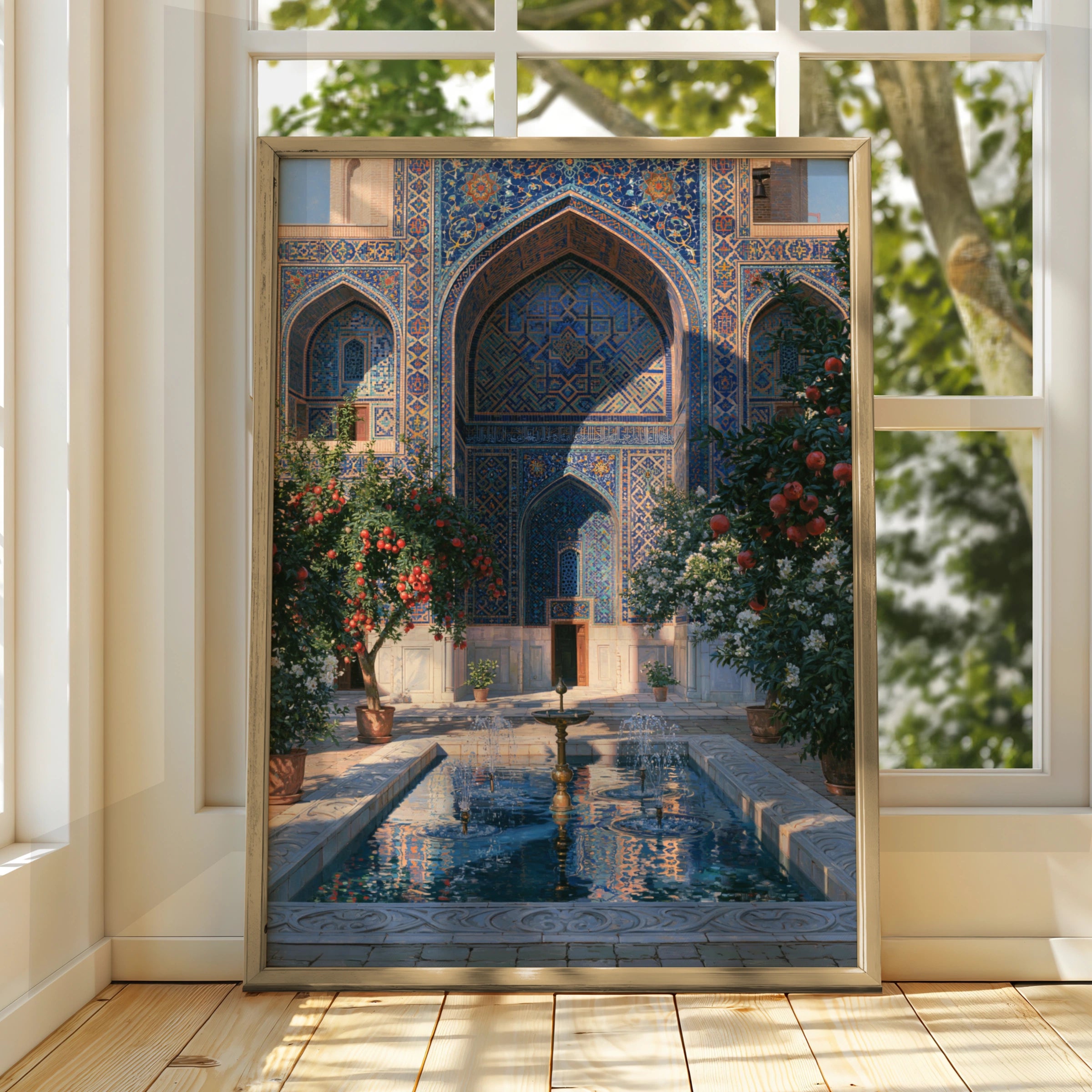 Uzbekistan Courtyard Poster, Islamic Architecture, Blue Tile Wall Art