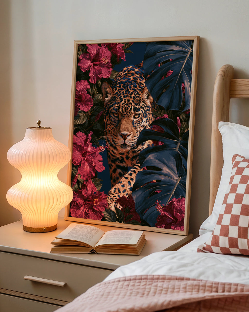 Jaguar Hibiscus Monstera Poster, Tropical Wildlife Wall Art Print