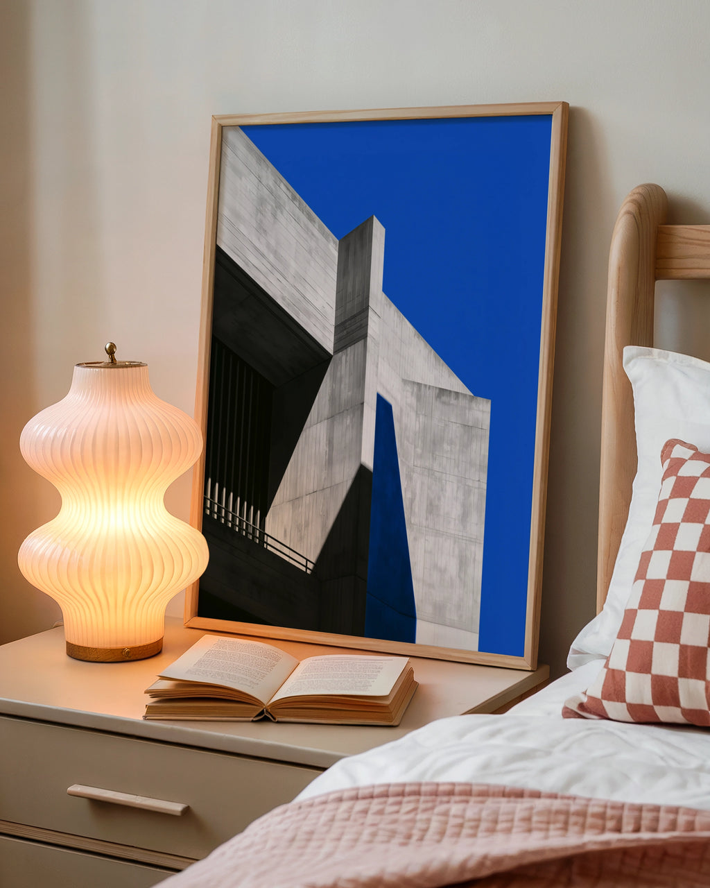 Brutalist Concrete Architecture Poster, Bold Blue Sky, Minimalist Wall Art