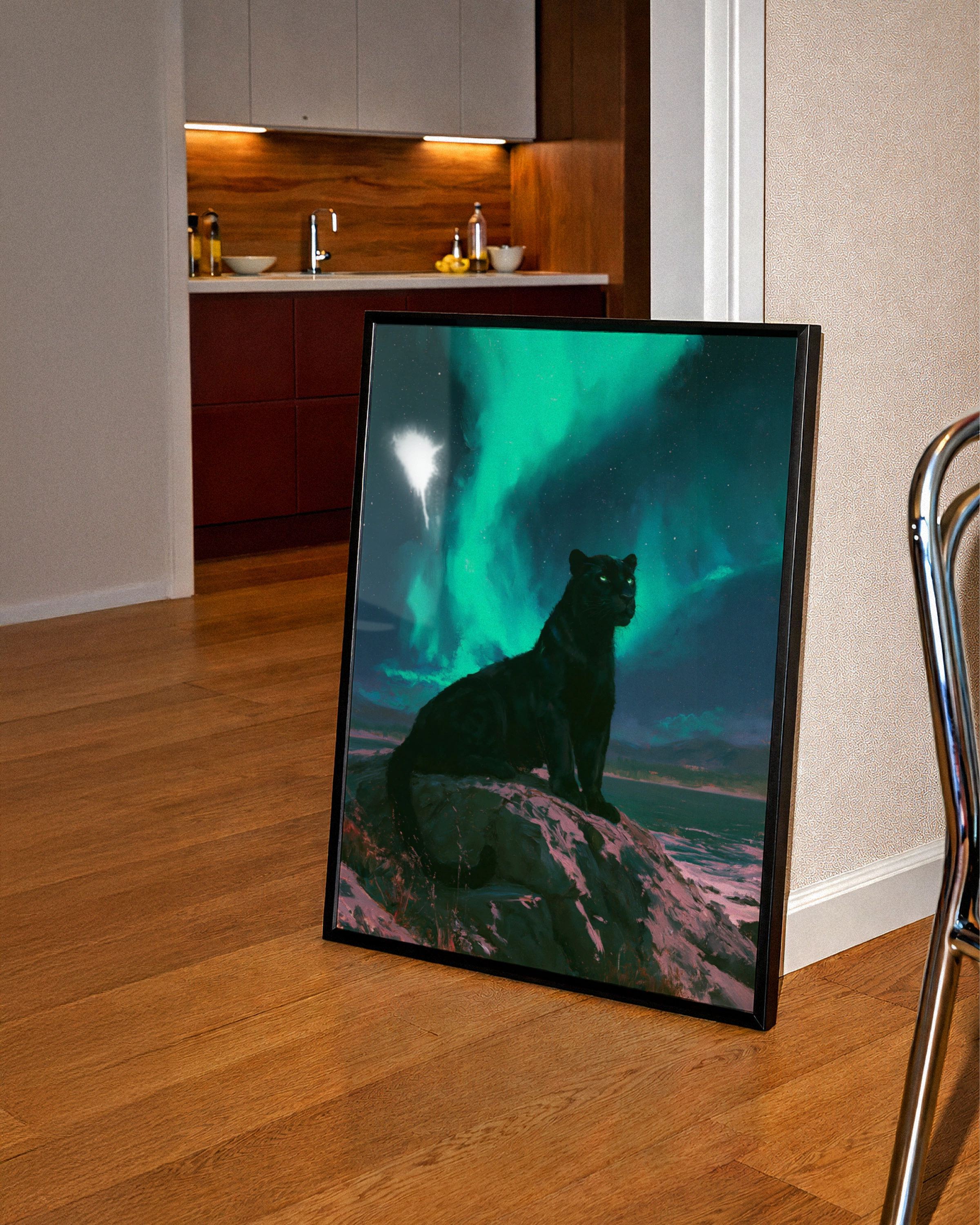 Black Panther Aurora Borealis Poster, Northern Lights Wildlife Art Print