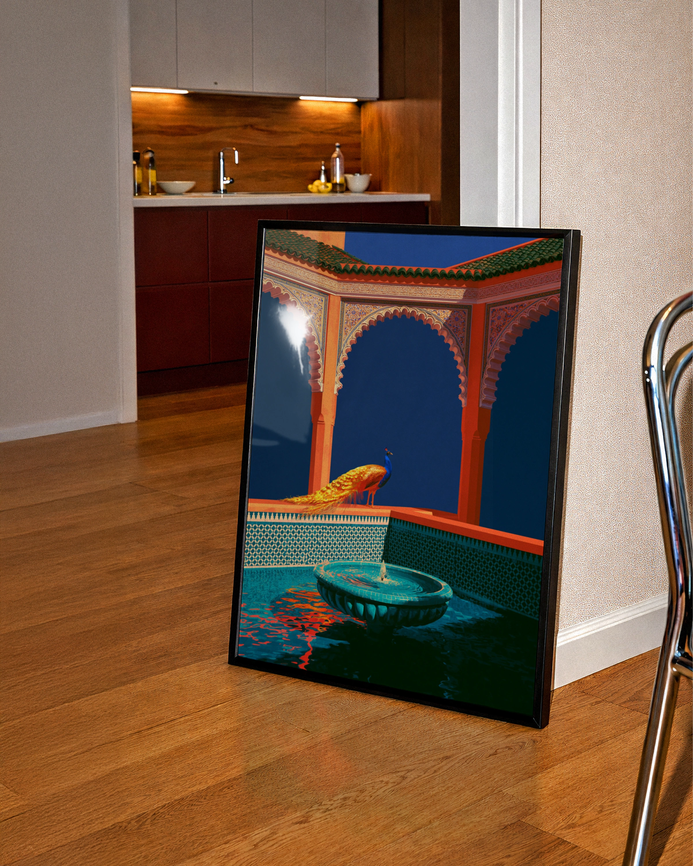 Peacock Moorish Arches Fountain Poster, Moroccan Architecture Wall Art Print