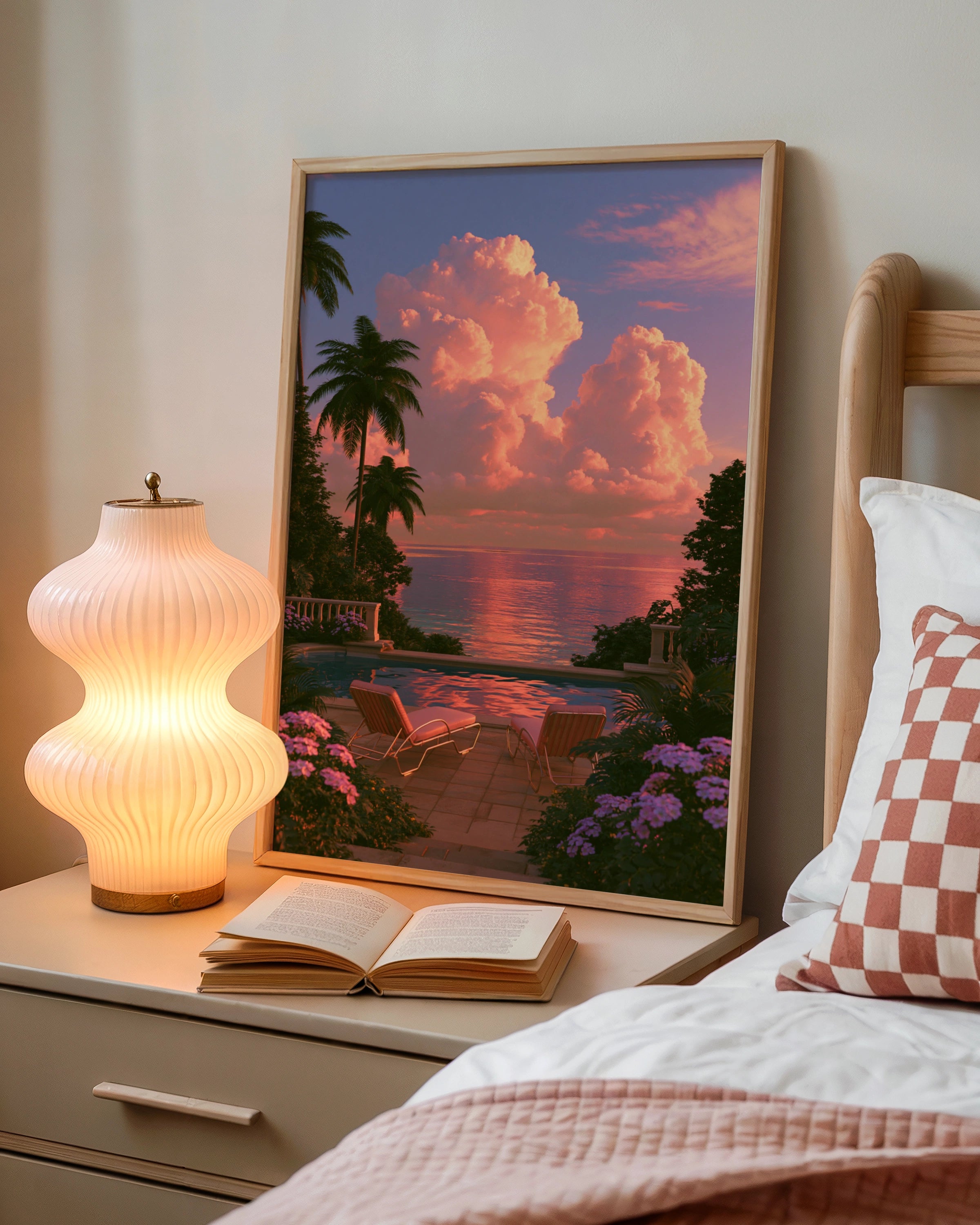 Pink Sunset Sun Loungers Pool Terrace Poster, Tropical Sky Wall Art Print