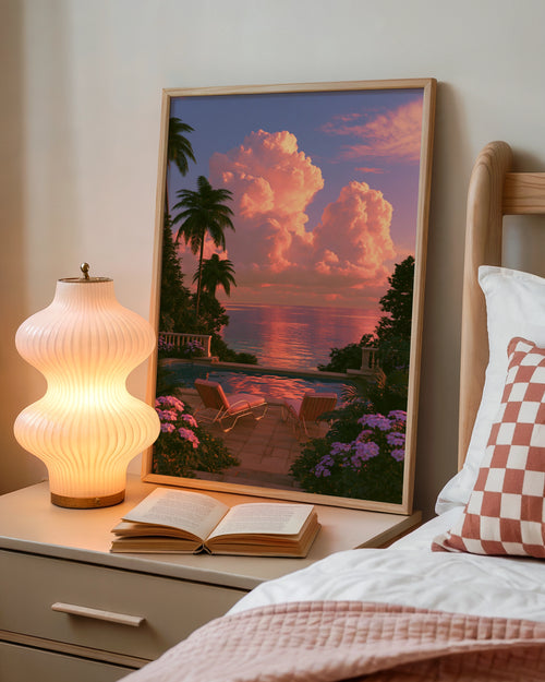 Pink Sunset Sun Loungers Pool Terrace Poster, Tropical Sky Wall Art Print