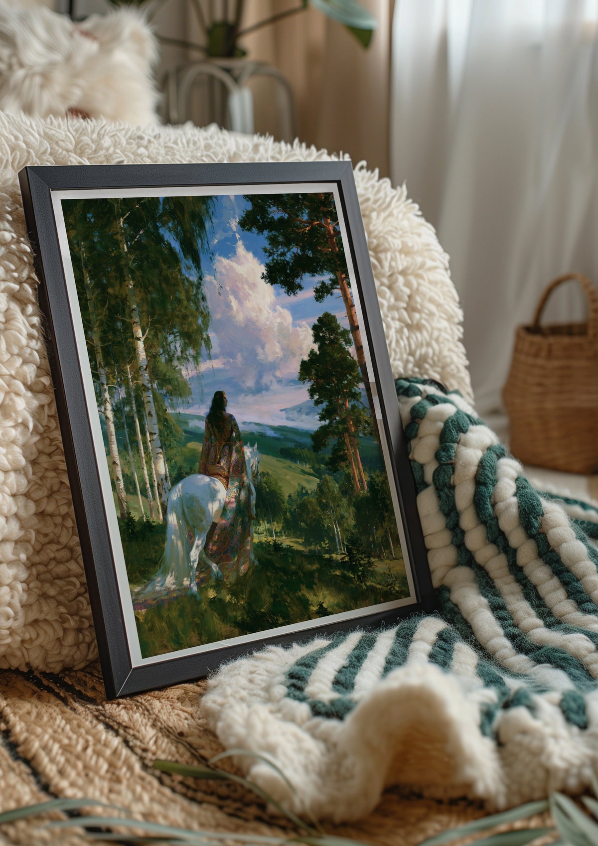 Pre-Raphaelite Woman on White Horse Forest Poster, Romantic Painting Print