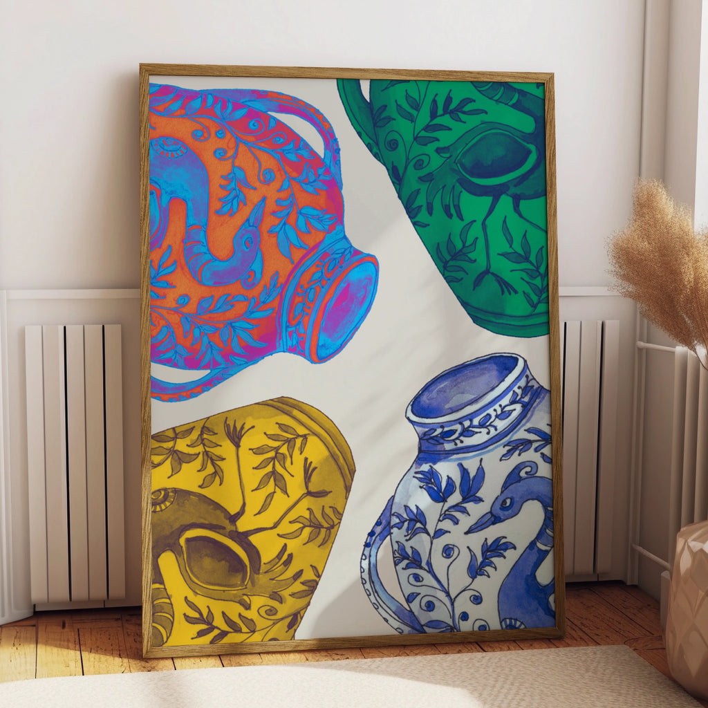 Blue Ceramic Vase Pattern Poster, Colourful Folk Art Print, Botanical Wall Art