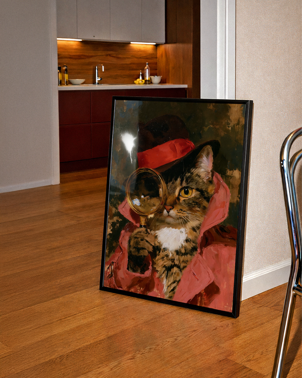 Detective Cat Poster, Magnifying Glass Tabby, Oil Painting Style Art Print