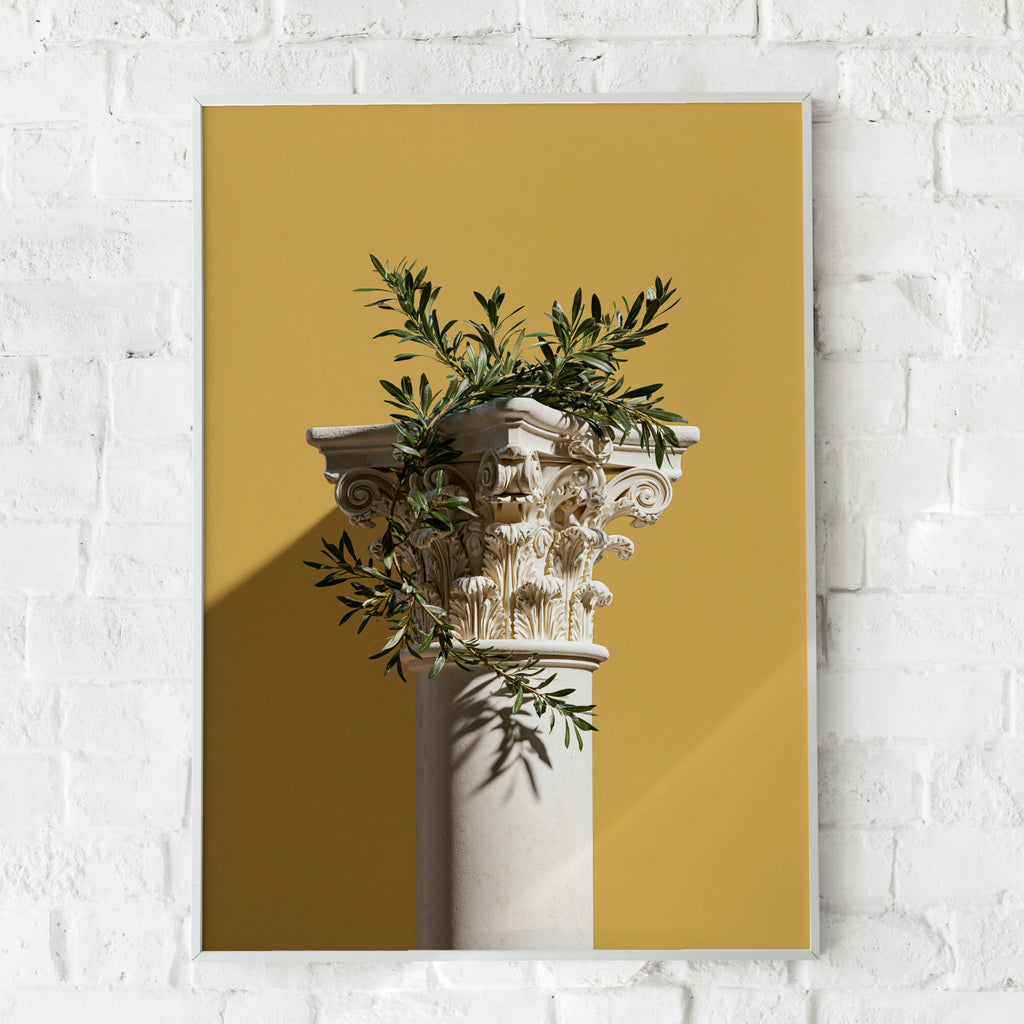 Greek Column Olive Branch Poster, Corinthian Capital Wall Art, Yellow Minimalist Print