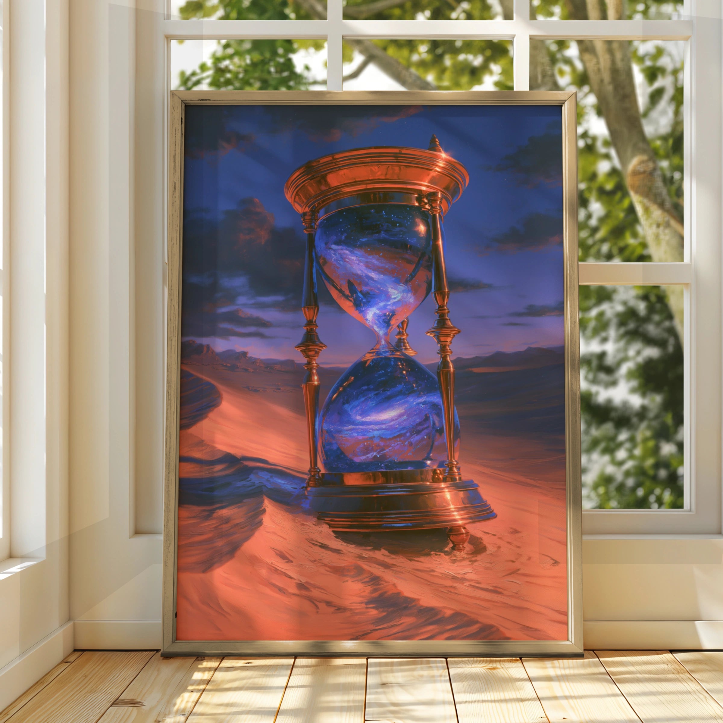 Hourglass Desert Galaxy Poster, Surreal Time Art, Cosmic Fantasy Print
