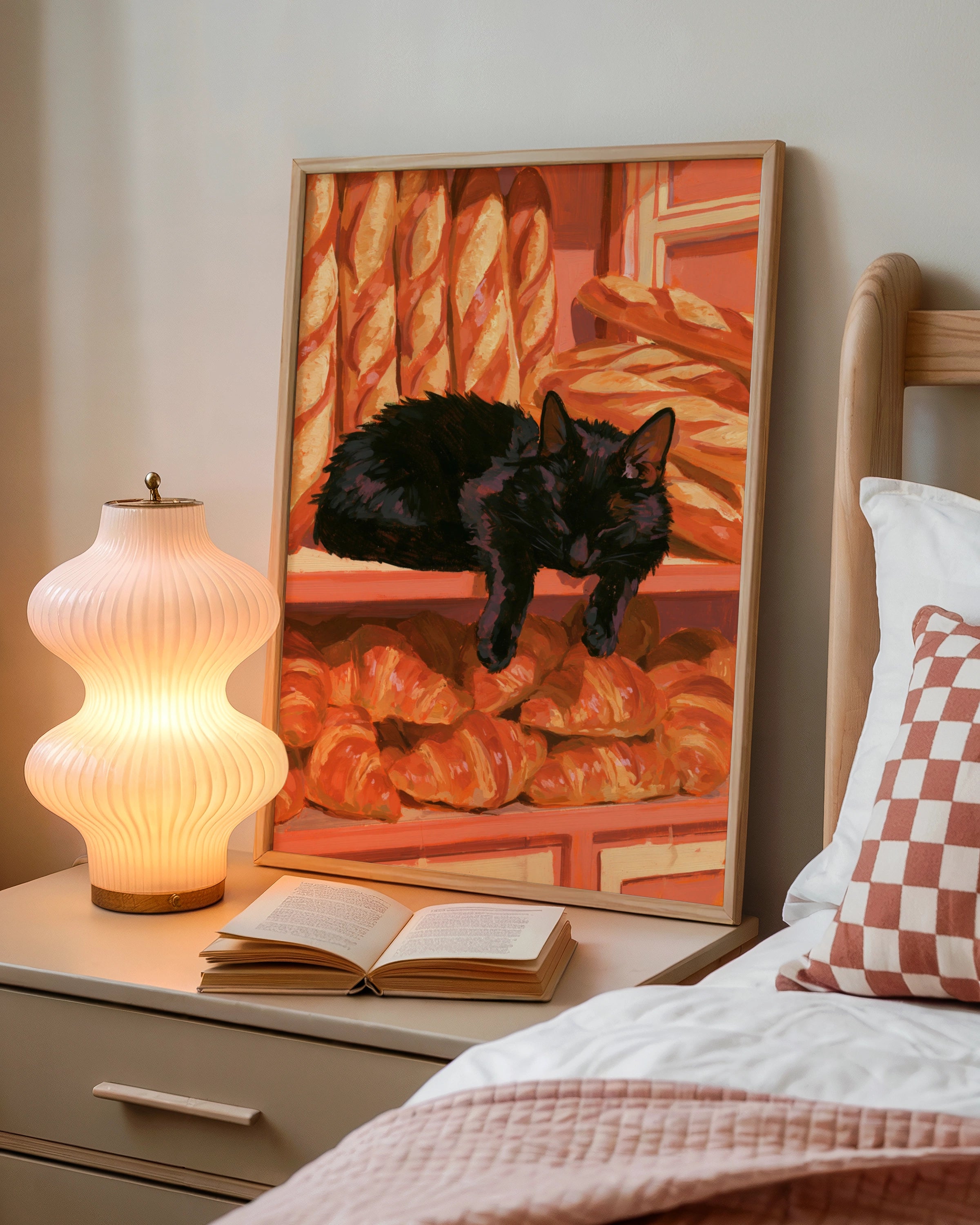 Black Cat Sleeping in French Bakery, Croissants Baguettes Wall Art Poster