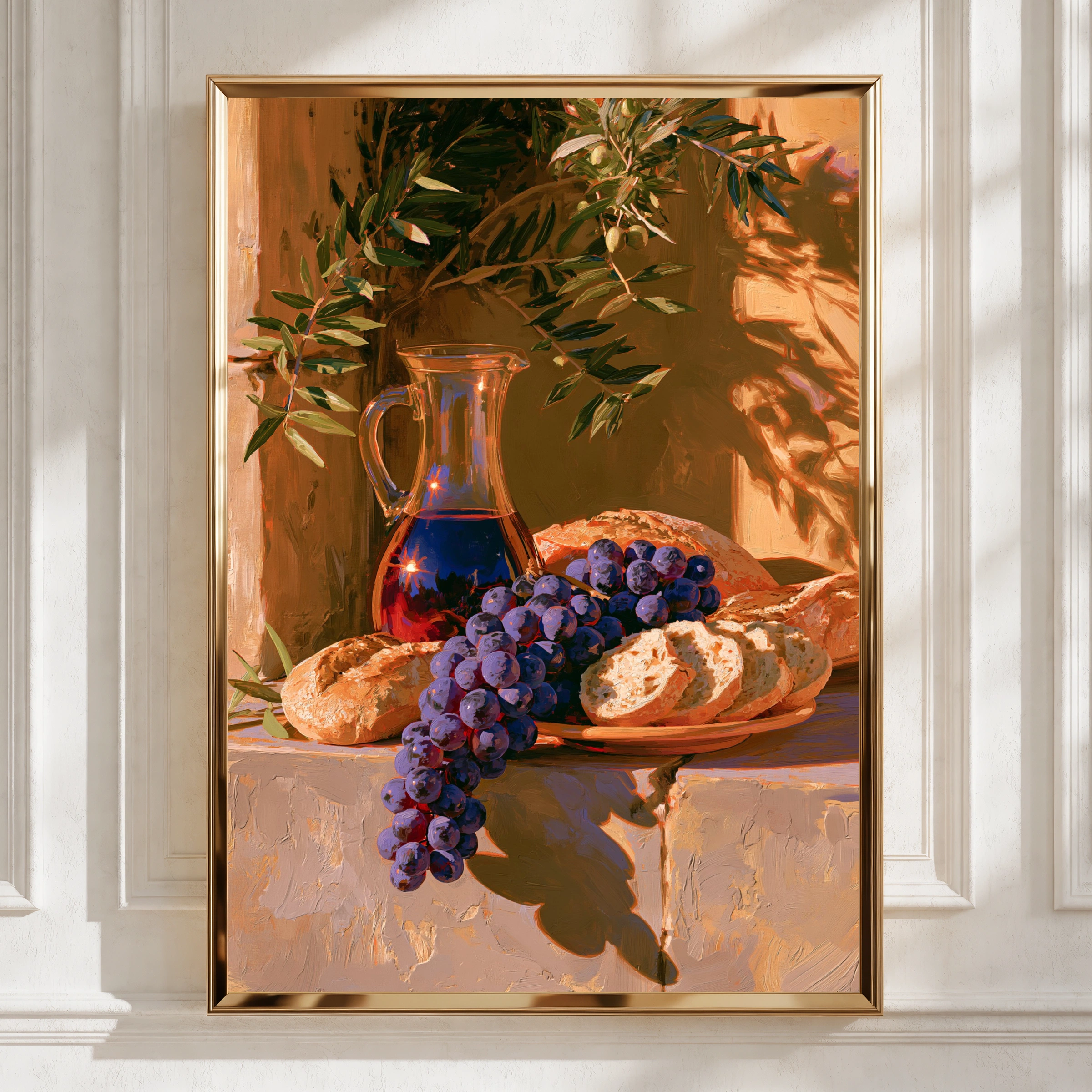 Grapes Wine Bread Still Life Poster, Mediterranean Sunlight, Oil Painting Style