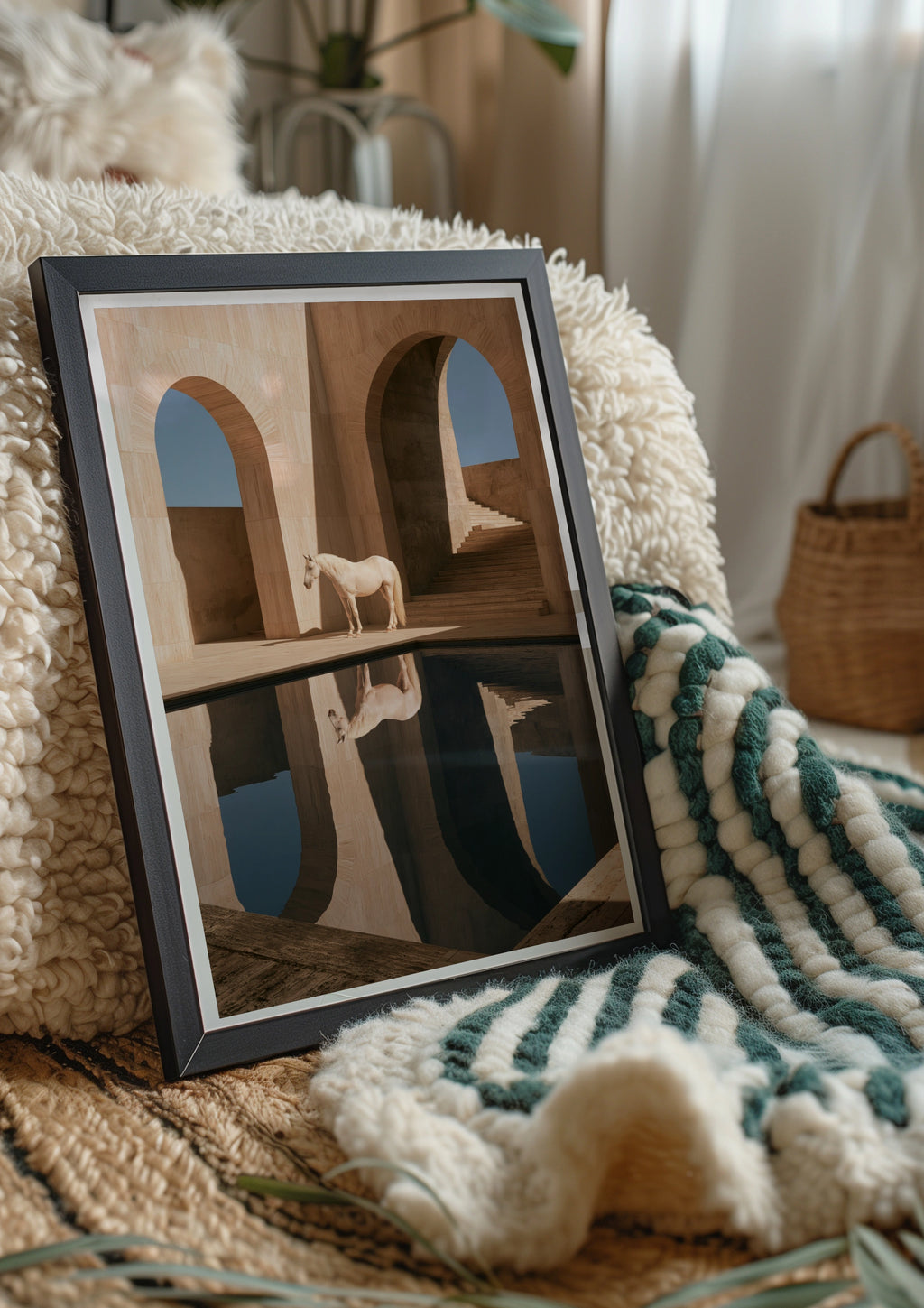 White Horse Reflection Travertine Arch Wall Art Poster, Minimalist Equine Print