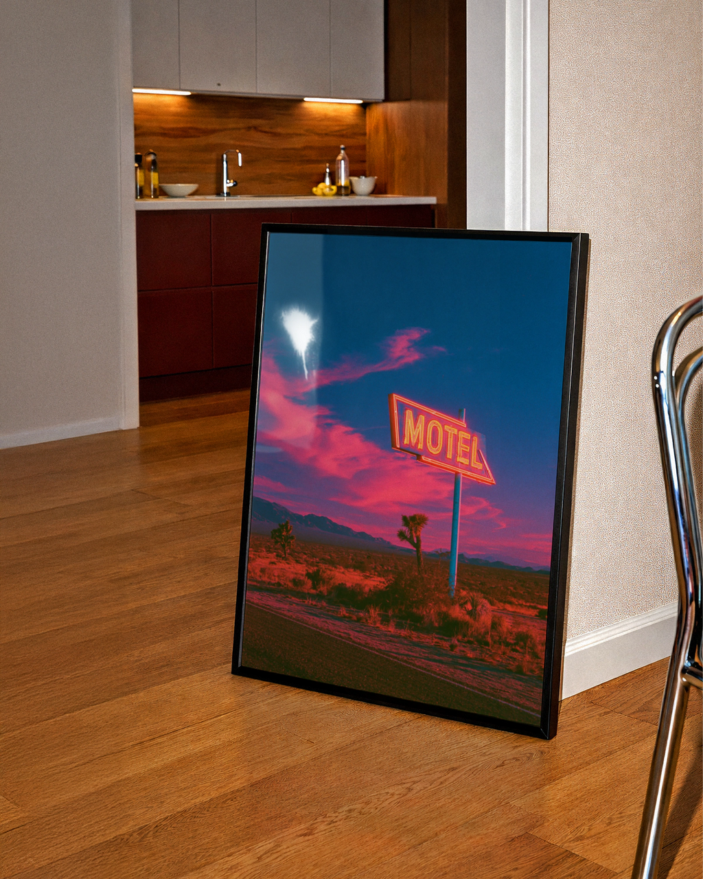 Neon Motel Sign Desert Sunset Poster, Retro Americana Wall Art, Route 66