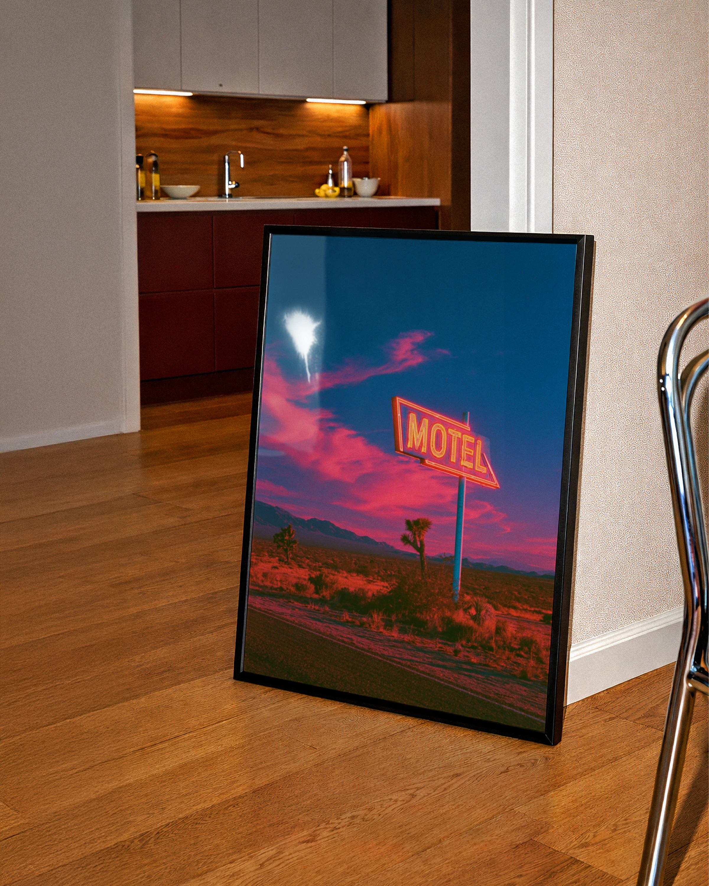 Neon Motel Sign Desert Sunset Poster, Retro Americana Wall Art, Route 66