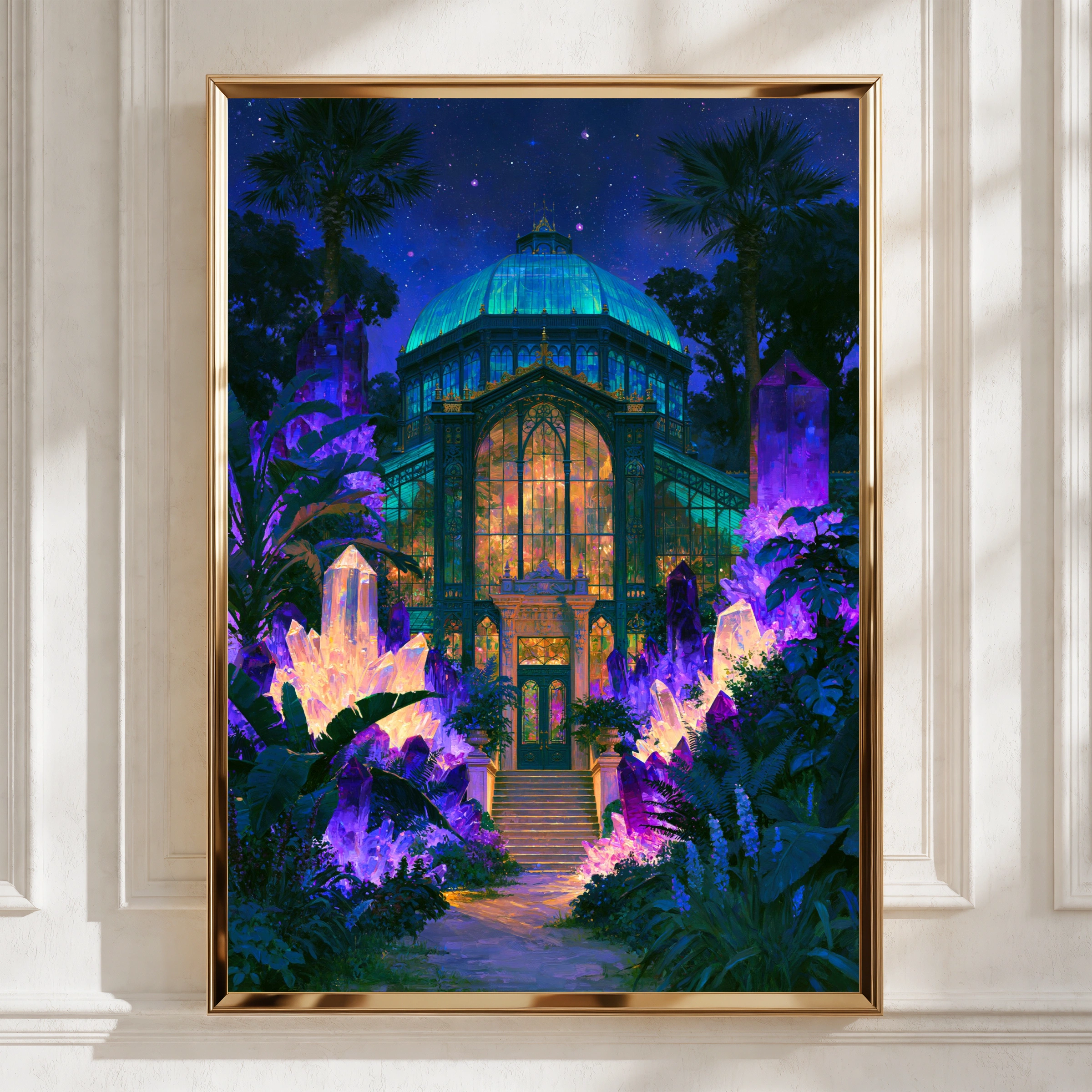 Crystal Greenhouse Surreal Night Poster, Botanical Glasshouse Art Print, Fantasy
