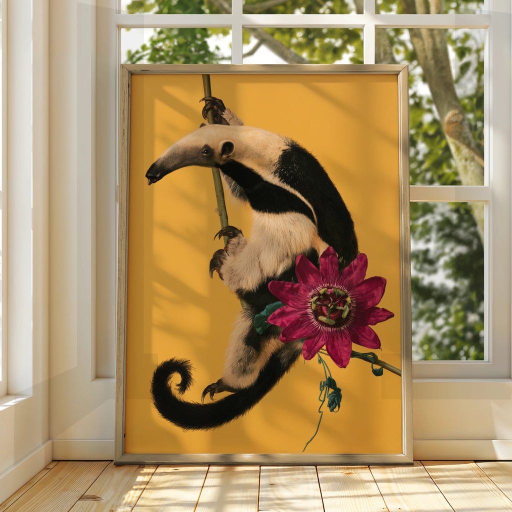 Anteater & Passion Flower Poster, Tropical Wildlife Wall Art Print