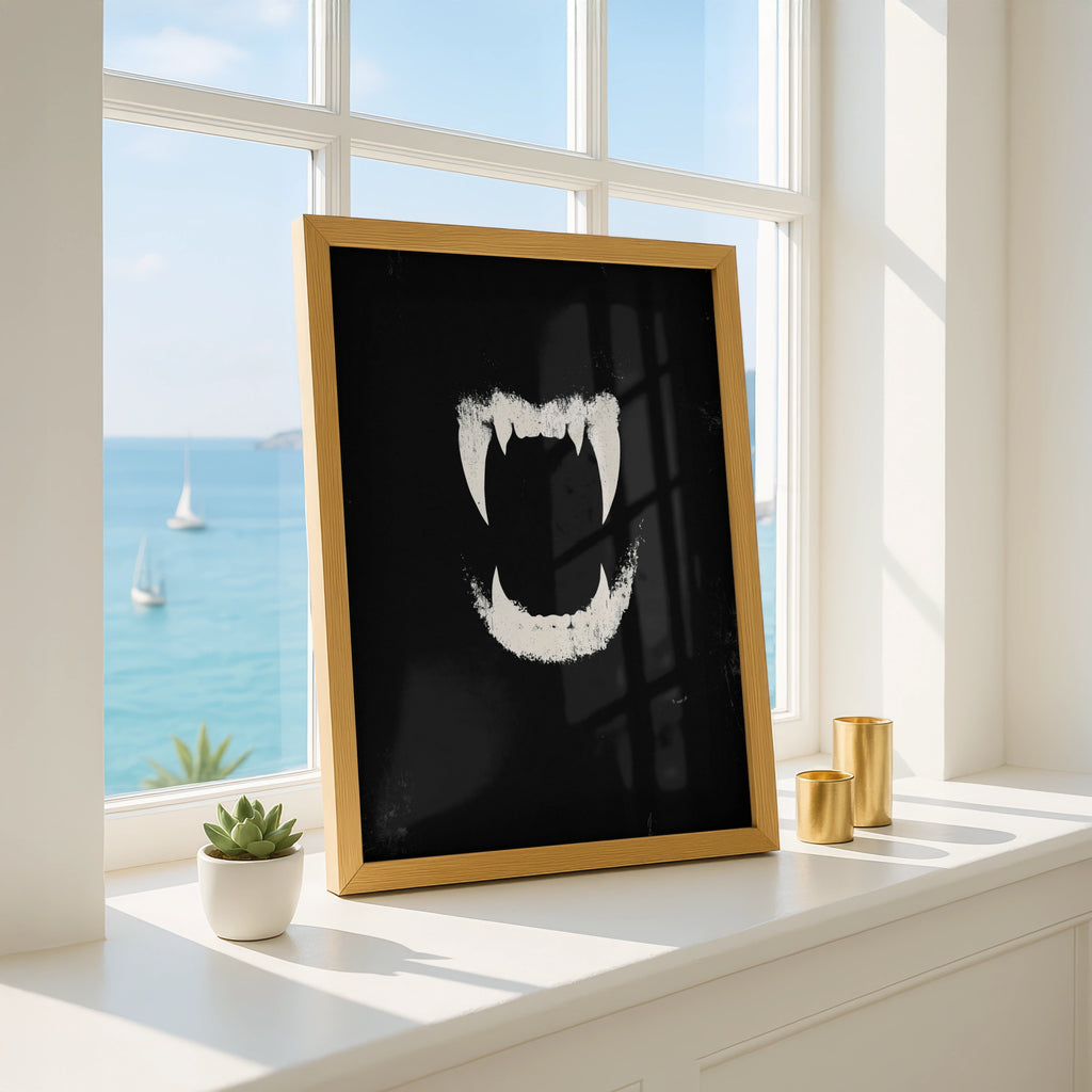 Vampire Fangs Poster, Dark Gothic Wall Art, Black White Grunge Print