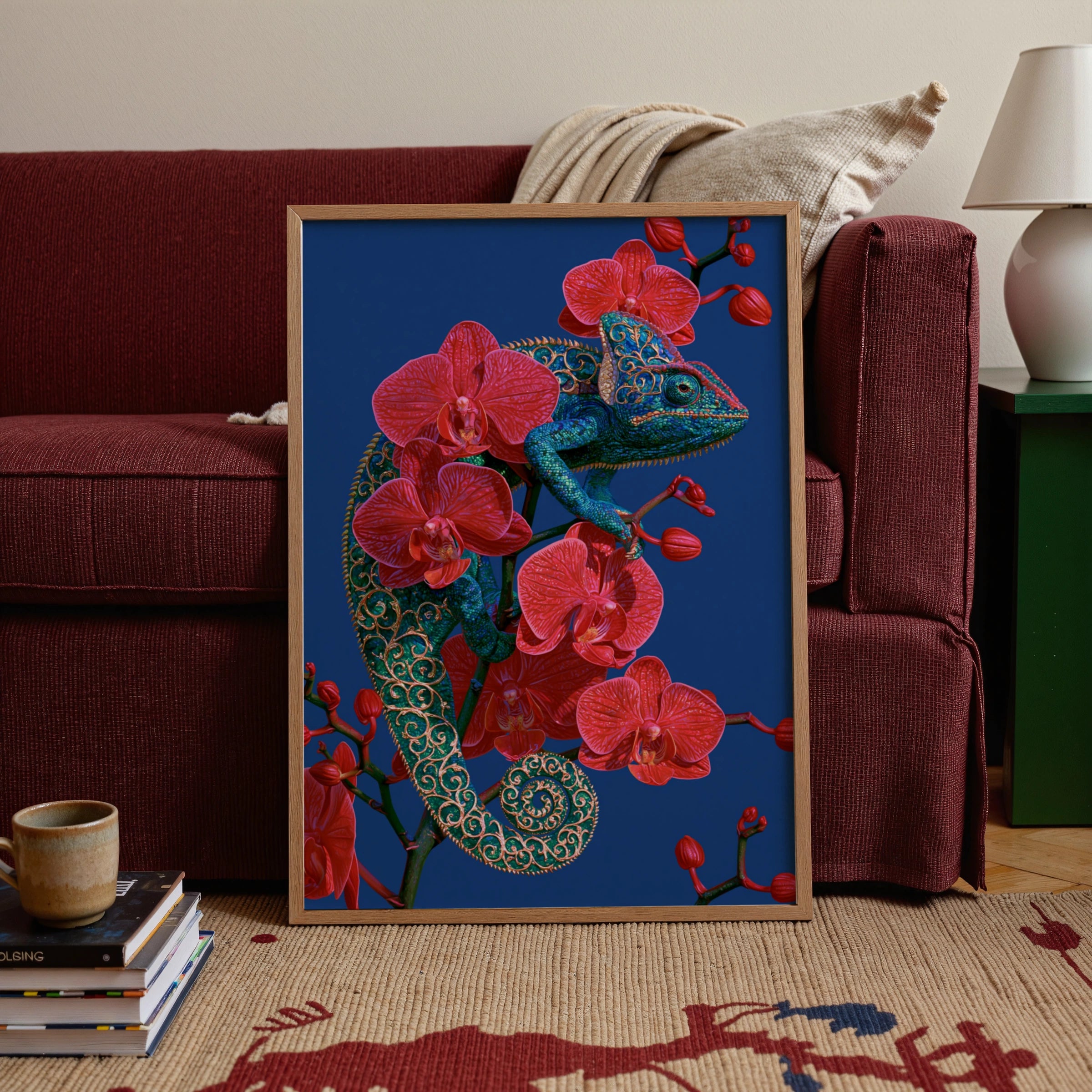 Chameleon Orchid Wall Art Poster, Red Floral Reptile, Botanical Animal Print