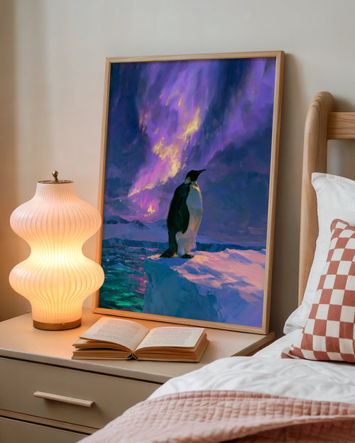 Penguin Aurora Borealis Poster, Antarctic Wildlife Art, Purple Northern Lights Print