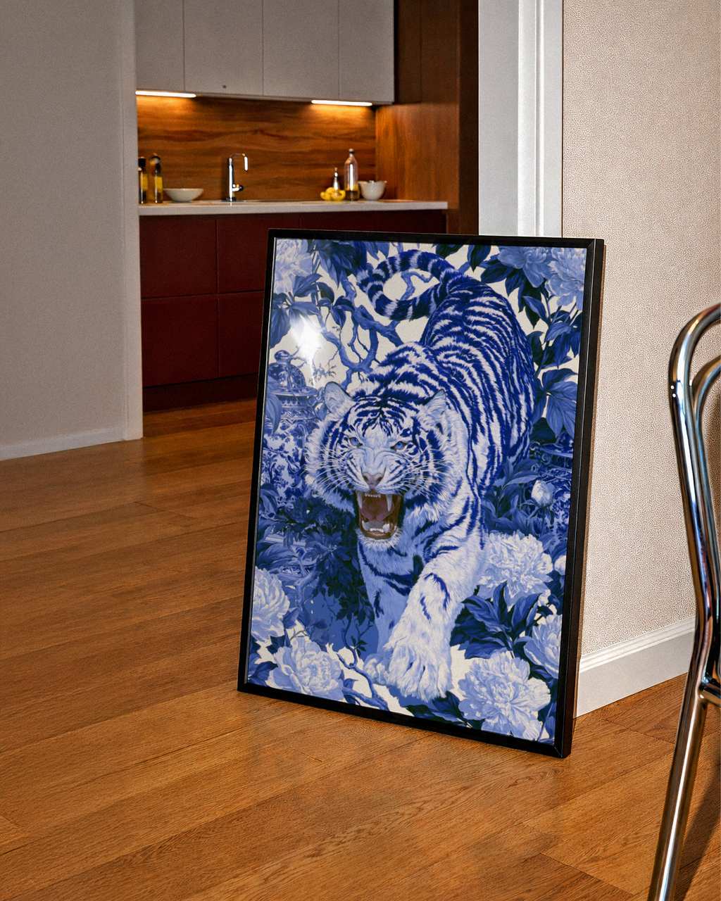 Roaring Tiger Chinoiserie Poster, Blue White Floral Wall Art Print